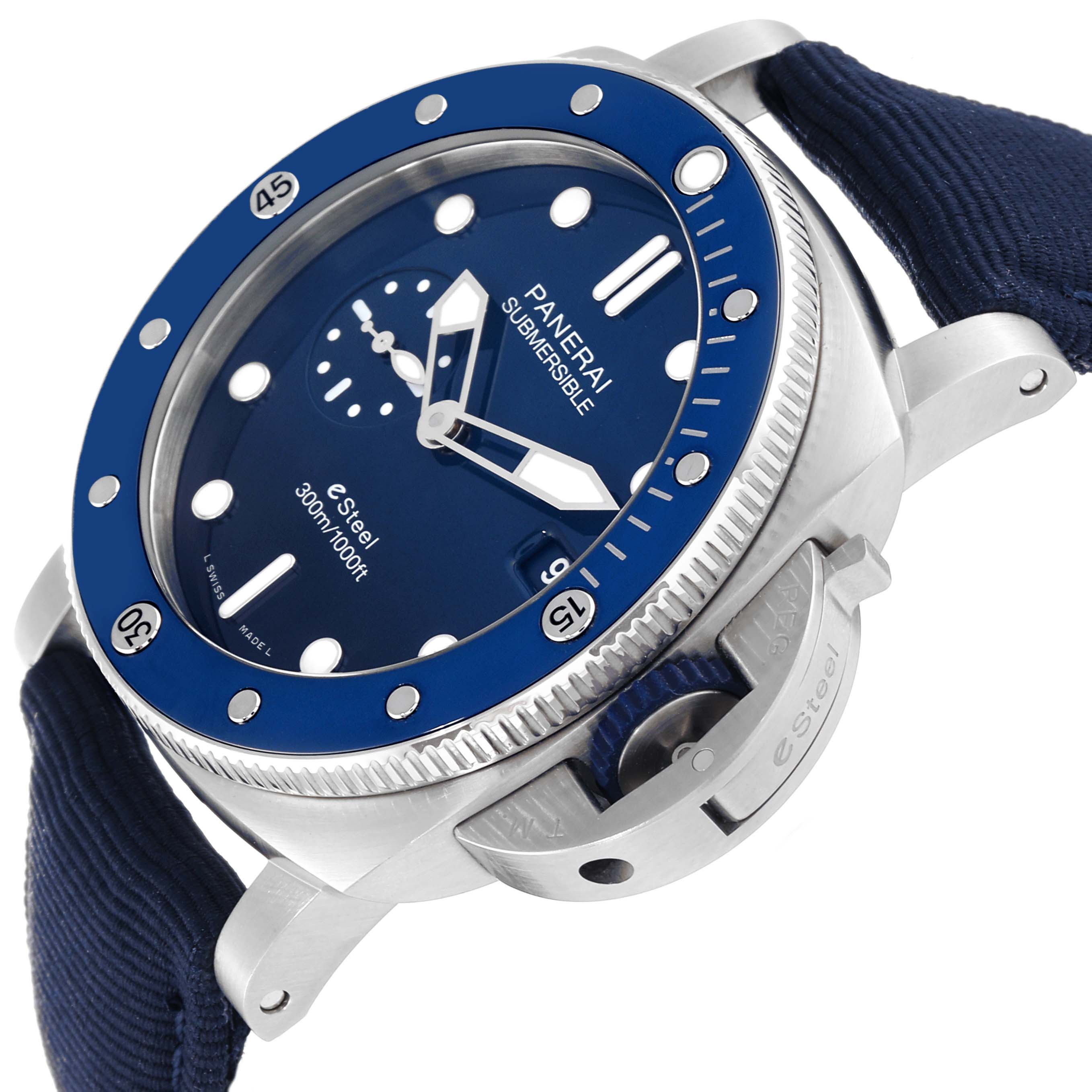 The image shows a close-up, angled view of a Panerai Submersible PAM01289 Men
s Stainless Steel Blue Dial PAM01289 Men
s Stainless Steel Blue Dial watch, highlighting its blue bezel, dial, and crown guard.