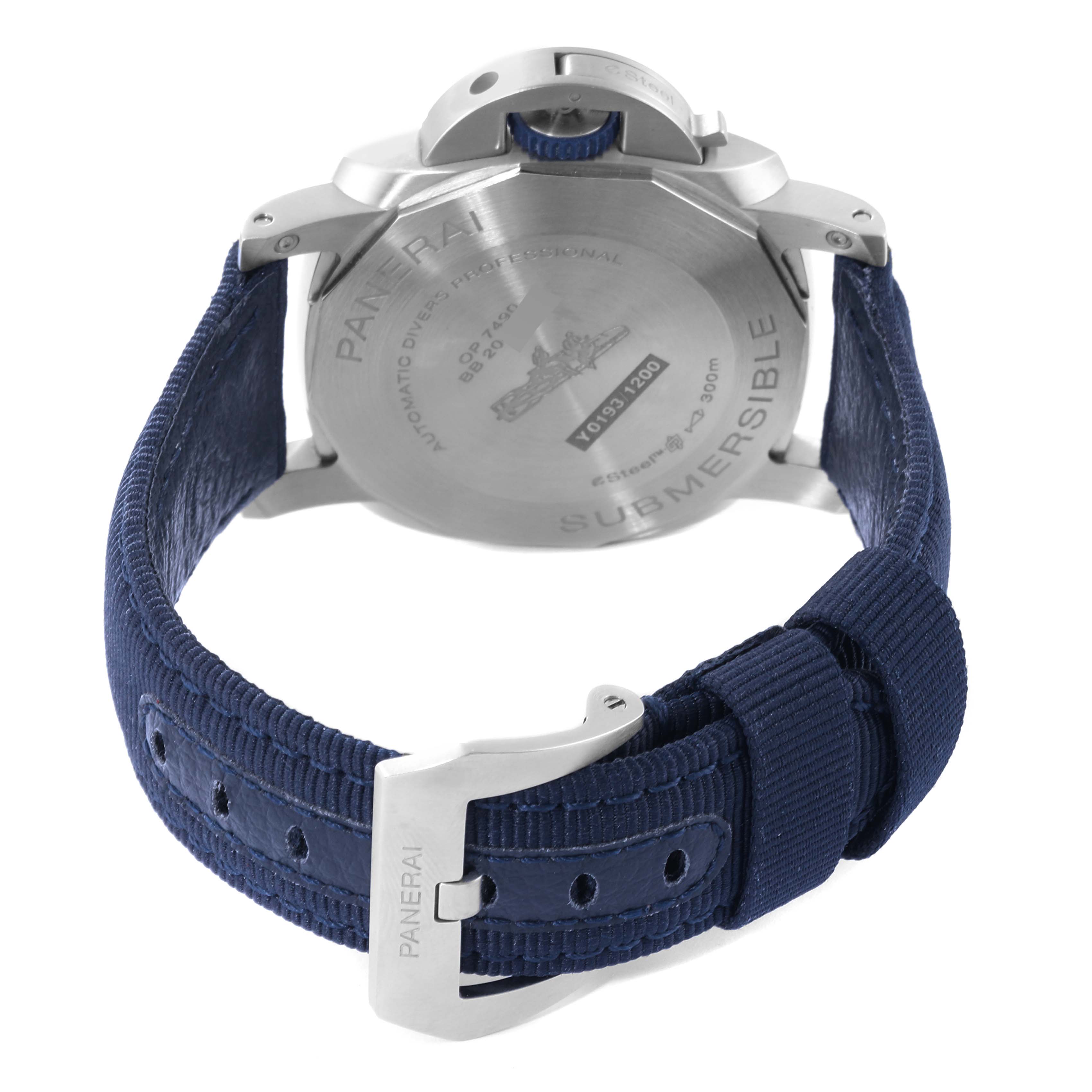 The image shows the back case and strap of the Panerai Submersible PAM01289 Men
s Stainless Steel Blue Dial PAM01289 Men
s Stainless Steel Blue Dial watch from a rear angle.