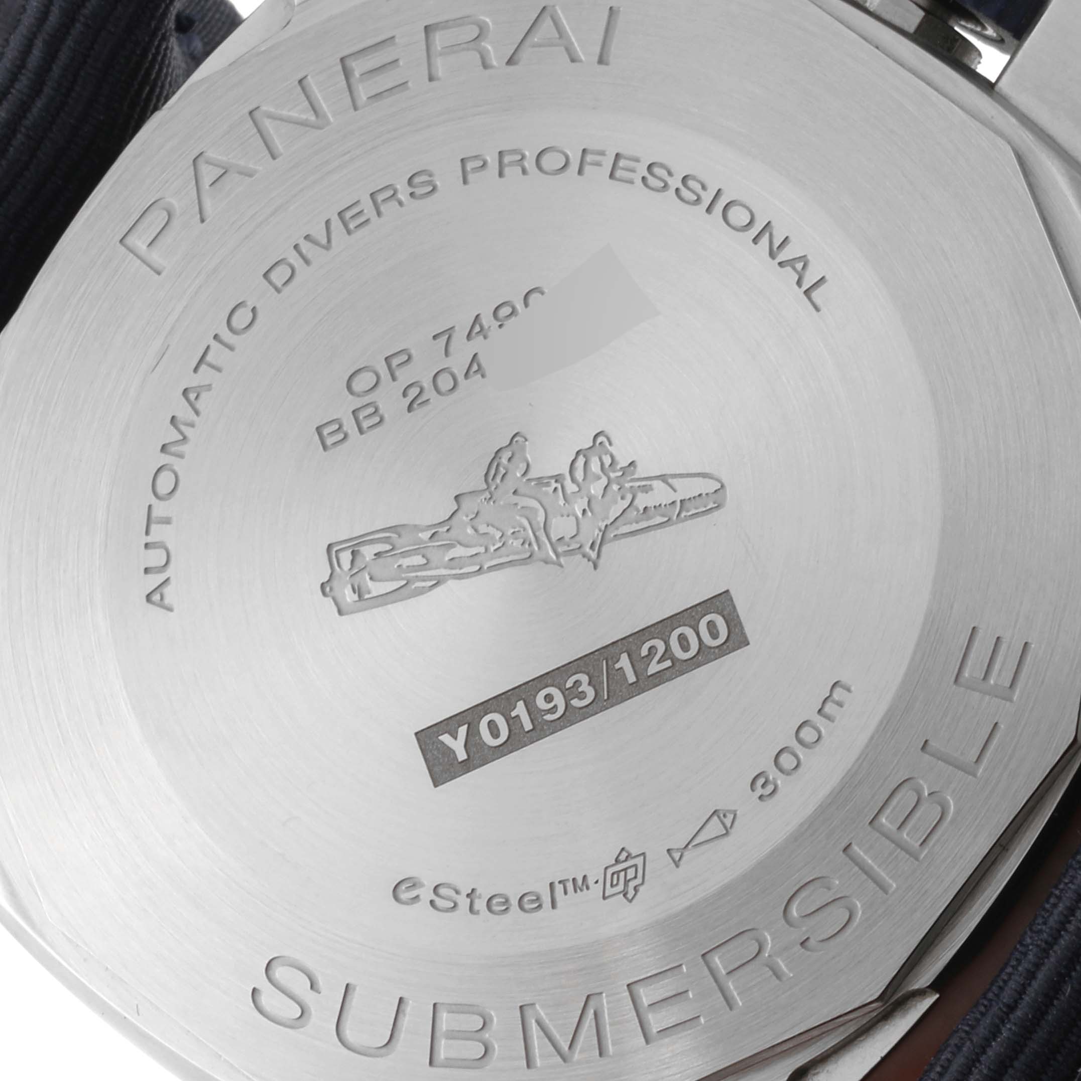 This image shows the case back of a Panerai Submersible PAM01289 Men
s Stainless Steel Blue Dial PAM01289 Men
s Stainless Steel Blue Dial watch, displaying various engravings and specifications.