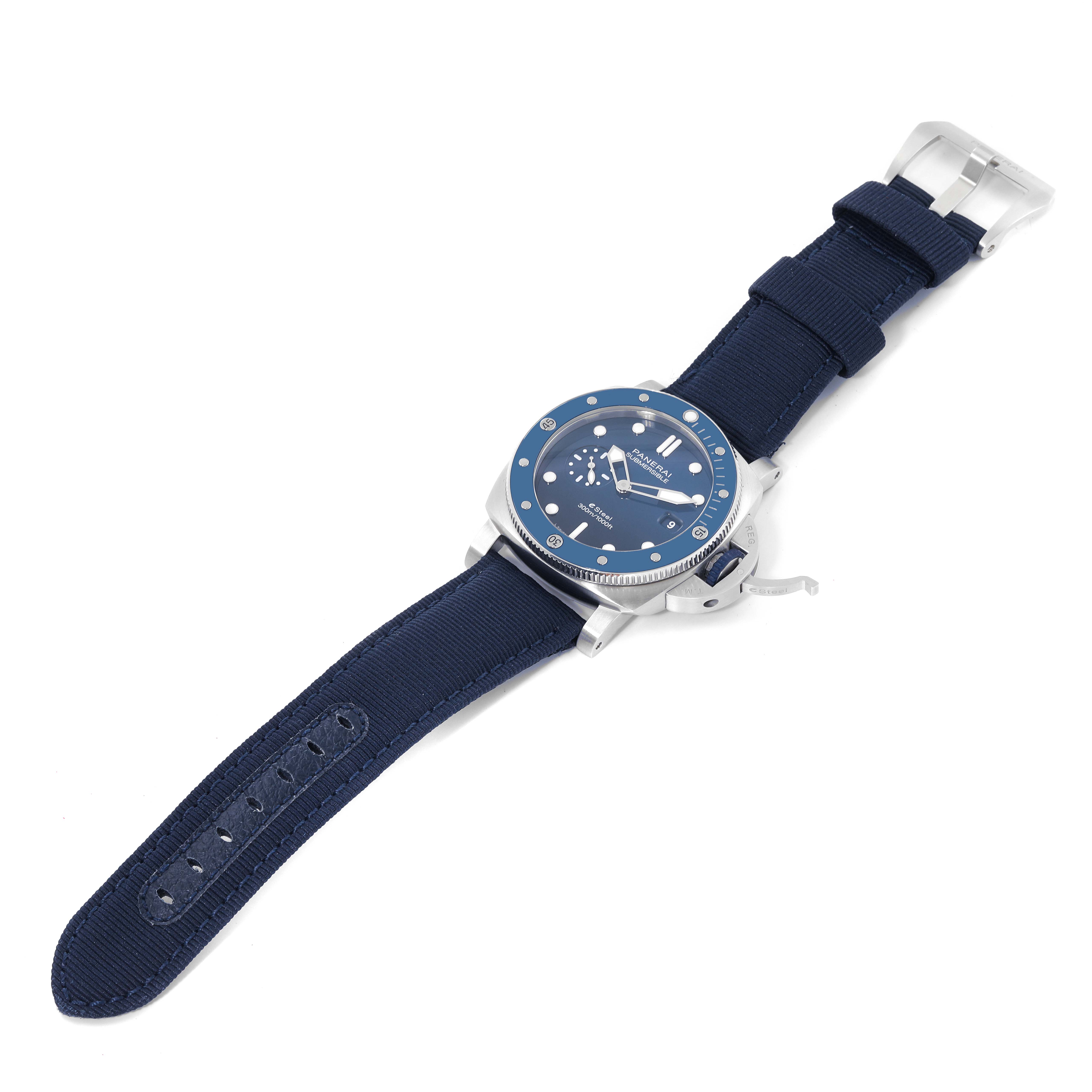 The image shows a Panerai Submersible PAM01289 Men
s Stainless Steel Blue Dial PAM01289 Men
s Stainless Steel Blue Dial watch with a blue strap, dial, and bezel, captured at a slight top-down angle.