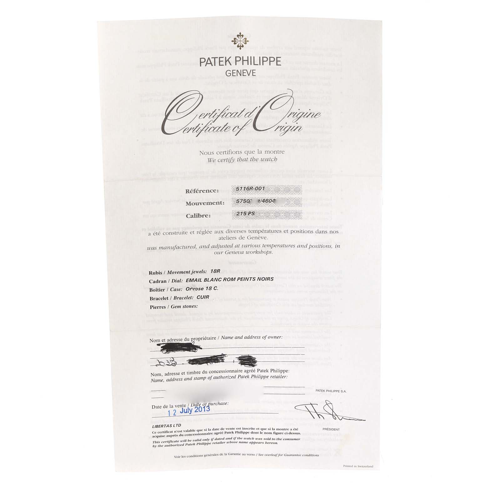 The image shows a Certificate of Origin for the Patek Philippe Calatrava 5116R Men's Rose Gold White Dial 5116R Men's Rose Gold White Dial model.