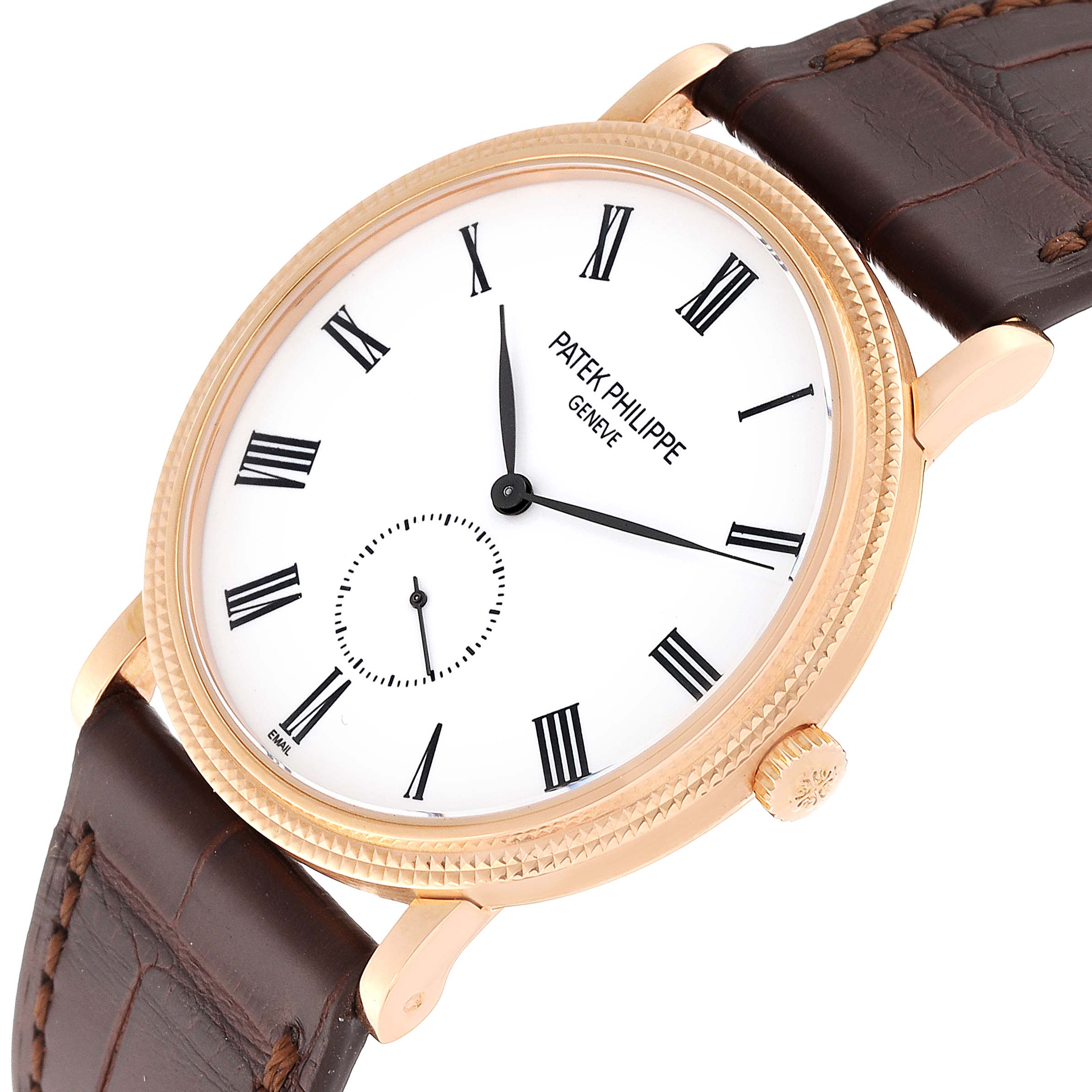 The Patek Philippe Calatrava 5116R Men's Rose Gold White Dial 5116R Men's Rose Gold White Dial watch is shown in an angled view highlighting its face, crown, and part of its leather strap.