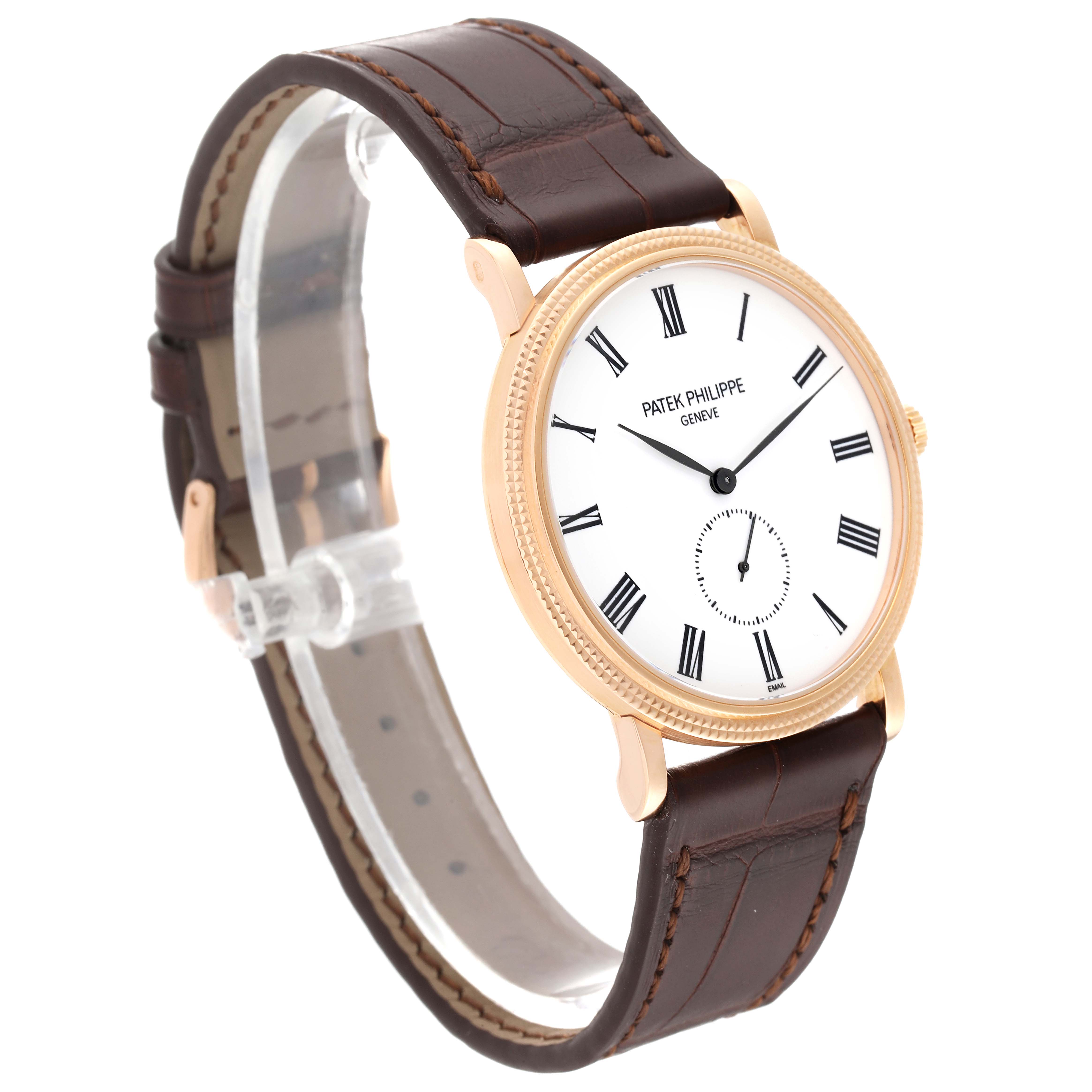 The image shows a Patek Philippe Calatrava 5116R Men's Rose Gold White Dial 5116R Men's Rose Gold White Dial watch at an oblique angle, highlighting the dial, case, and leather strap.