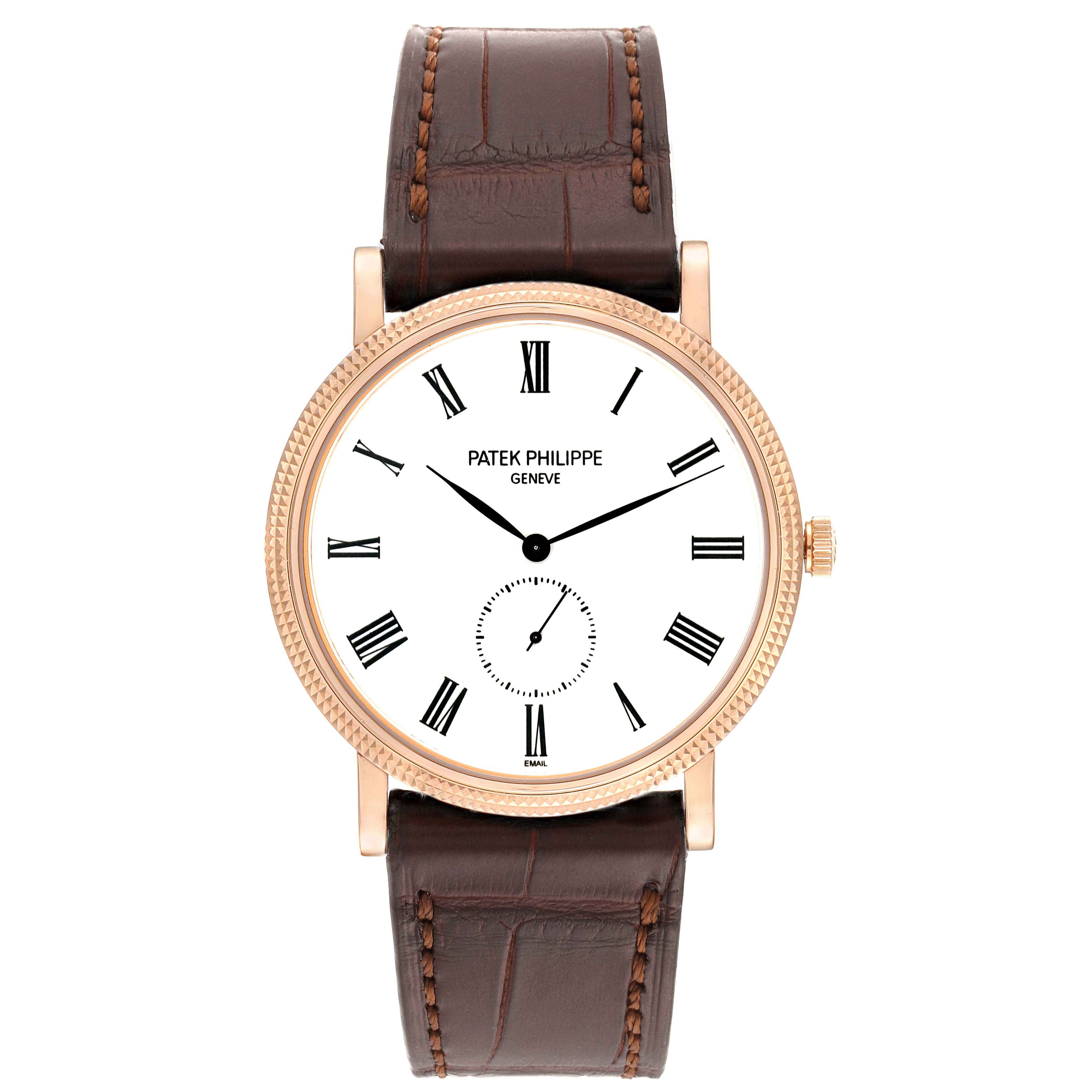 The image shows a front view of the Patek Philippe Calatrava 5116R Men's Rose Gold White Dial 5116R Men's Rose Gold White Dial watch, highlighting its dial, bezel, crown, and leather strap.