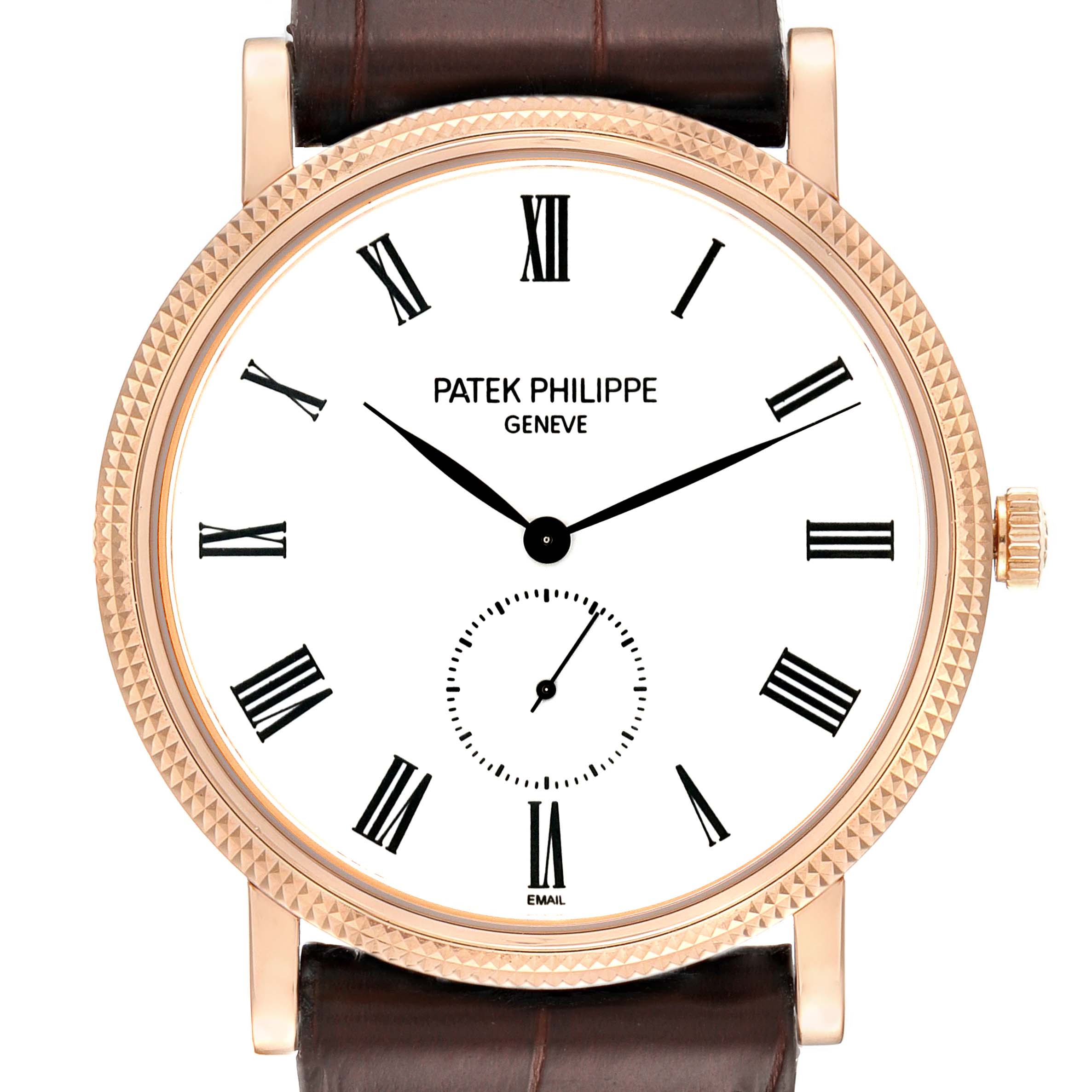 The image shows a close-up, front view of the Patek Philippe Calatrava 5116R Men's Rose Gold White Dial 5116R Men's Rose Gold White Dial watch, displaying the dial, hands, and part of the leather strap.