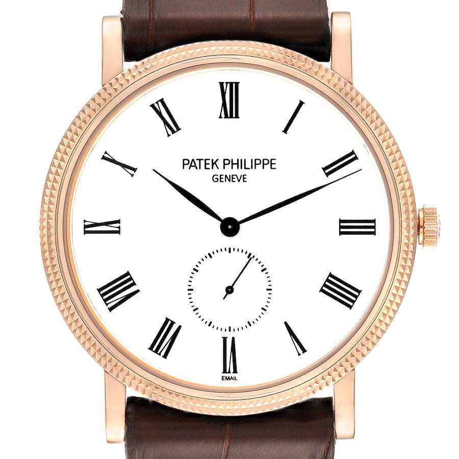 The image shows a close-up, front view of the Patek Philippe Calatrava watch, displaying the dial, hands, and part of the leather strap.