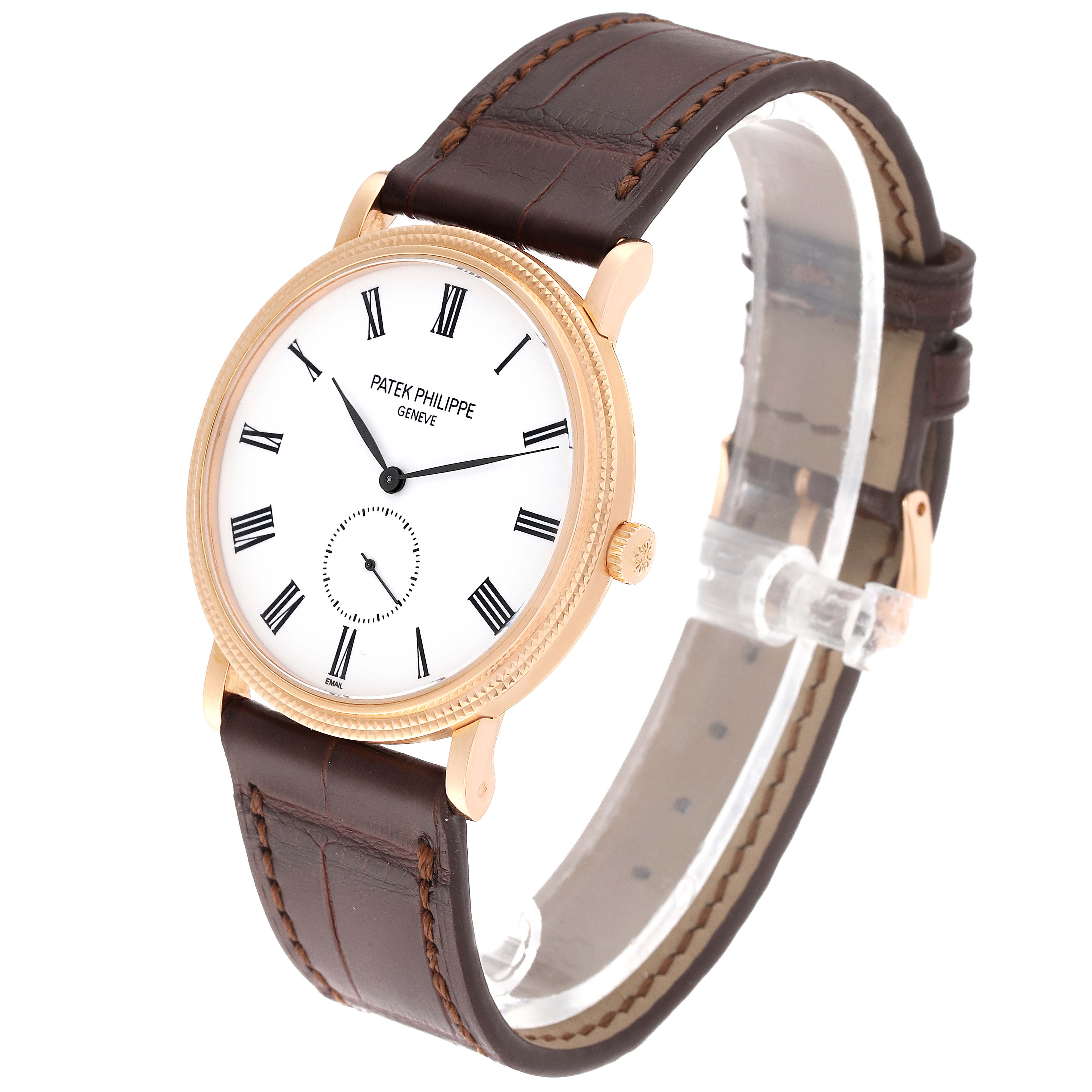 The image displays a Patek Philippe Calatrava 5116R Men's Rose Gold White Dial 5116R Men's Rose Gold White Dial watch from a slightly angled perspective, showcasing the dial, case, crown, and leather strap.