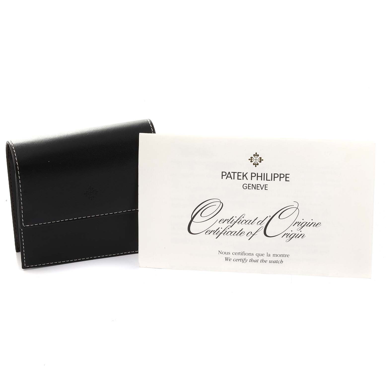 The image shows the certificate and a black leather case for a Patek Philippe Calatrava 5116R Men's Rose Gold White Dial 5116R Men's Rose Gold White Dial watch.