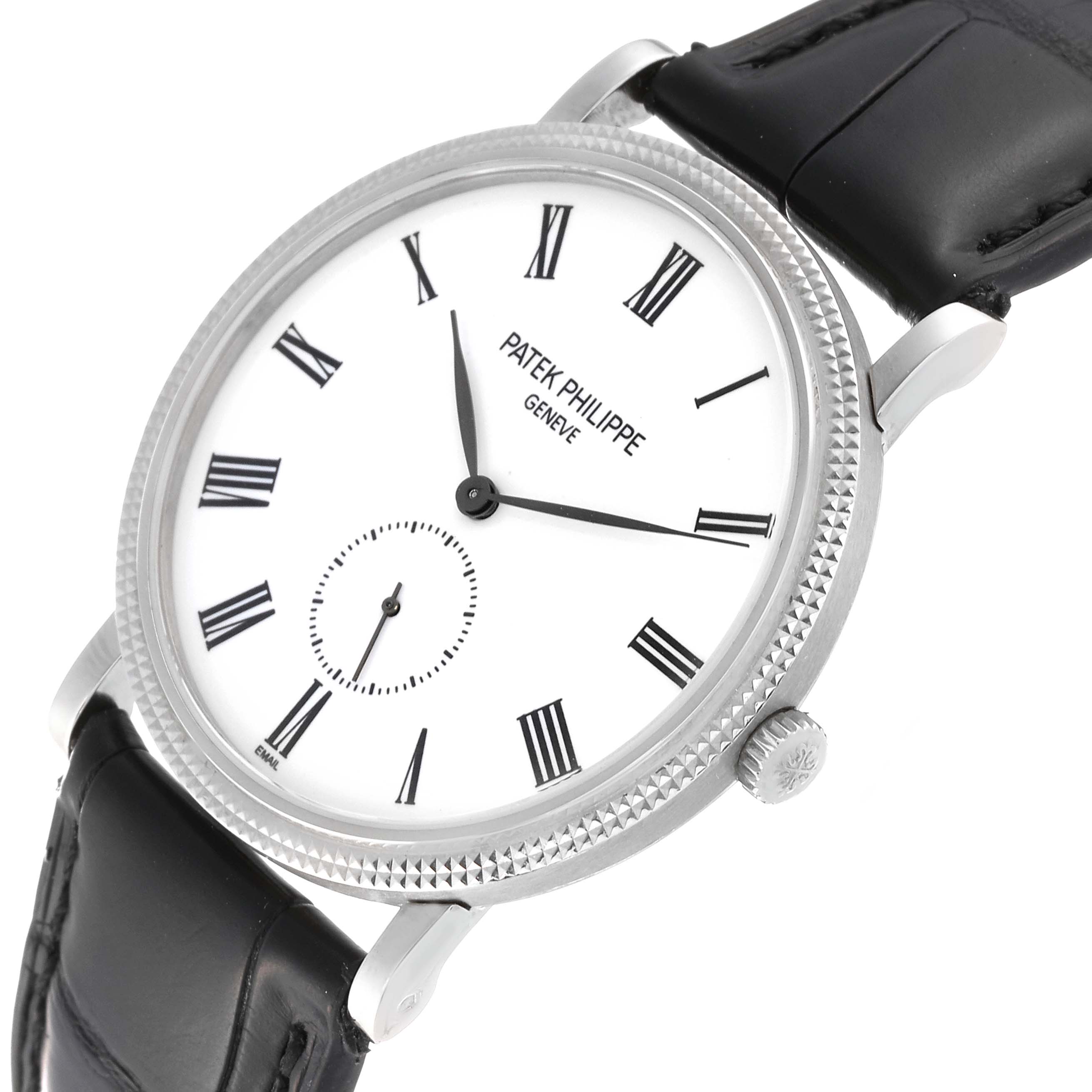 This image shows a close-up frontal angle of the Patek Philippe Calatrava 5116G Men
s White Gold White Dial 5116G Men
s White Gold White Dial watch, highlighting its white dial, black Roman numerals, and black leather strap.