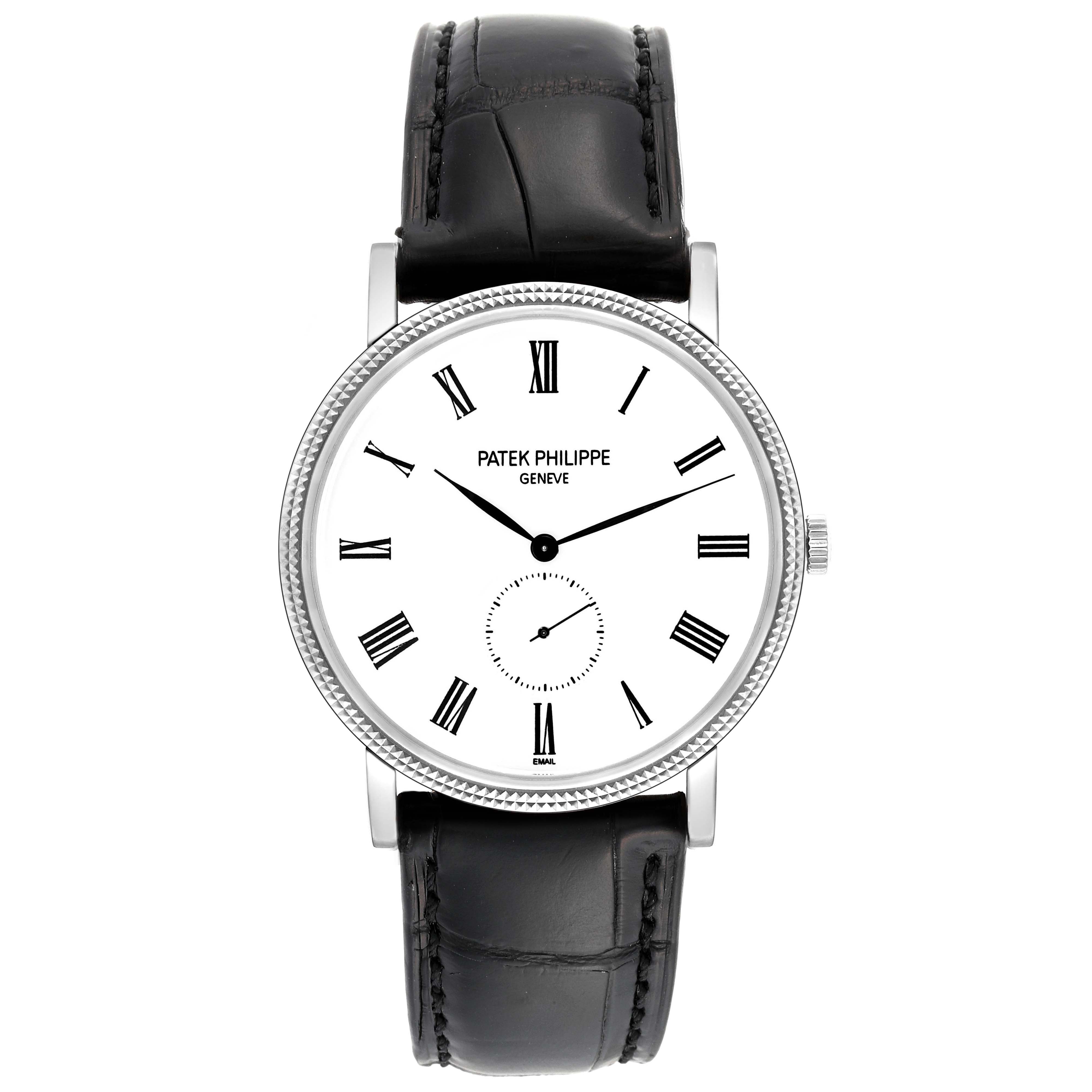This image shows a front view of the Patek Philippe Calatrava 5116G Men
s White Gold White Dial 5116G Men
s White Gold White Dial model watch with a black leather strap and white dial.