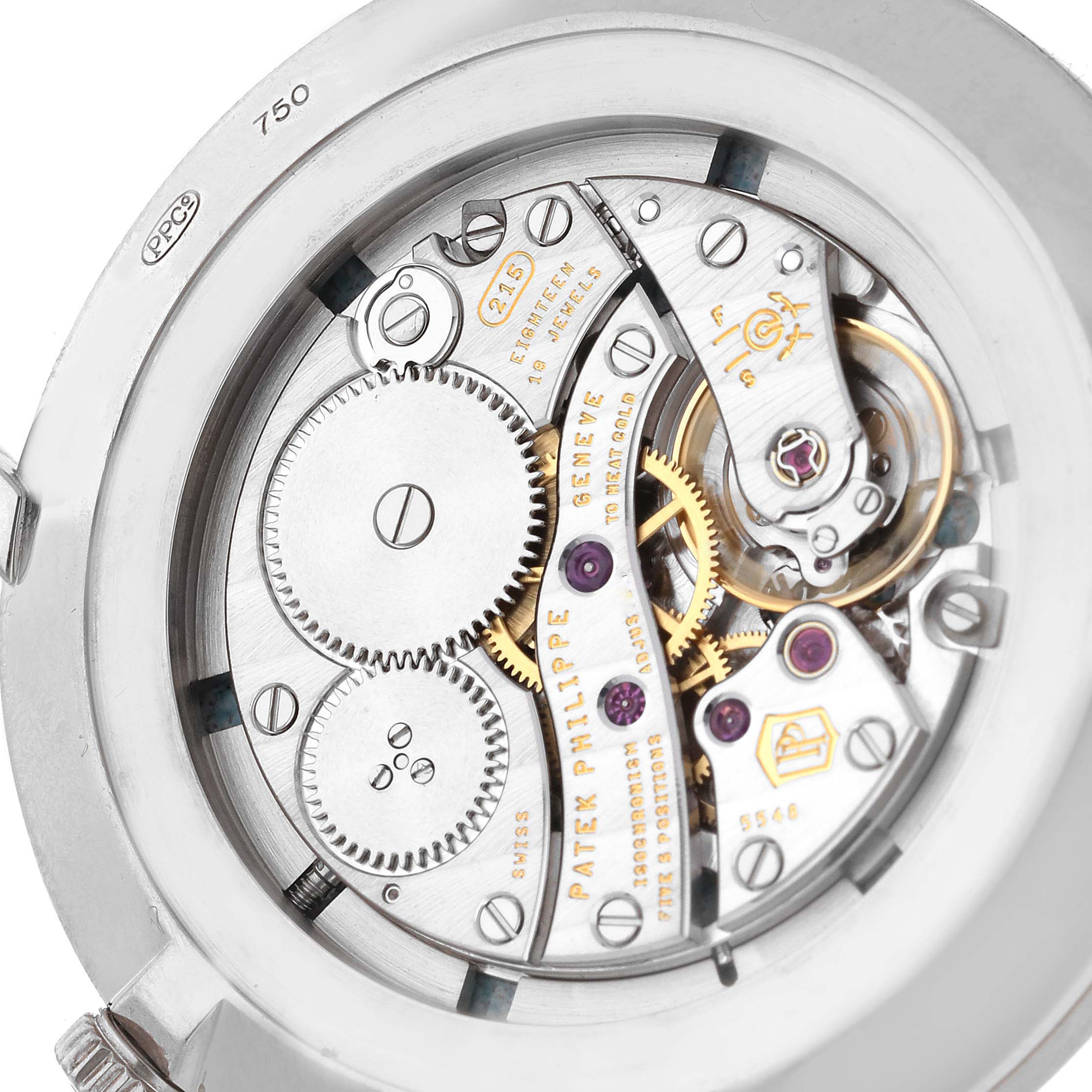 The image shows the intricate back view of the movement inside a Patek Philippe Calatrava 5116G Men
s White Gold White Dial 5116G Men
s White Gold White Dial watch.