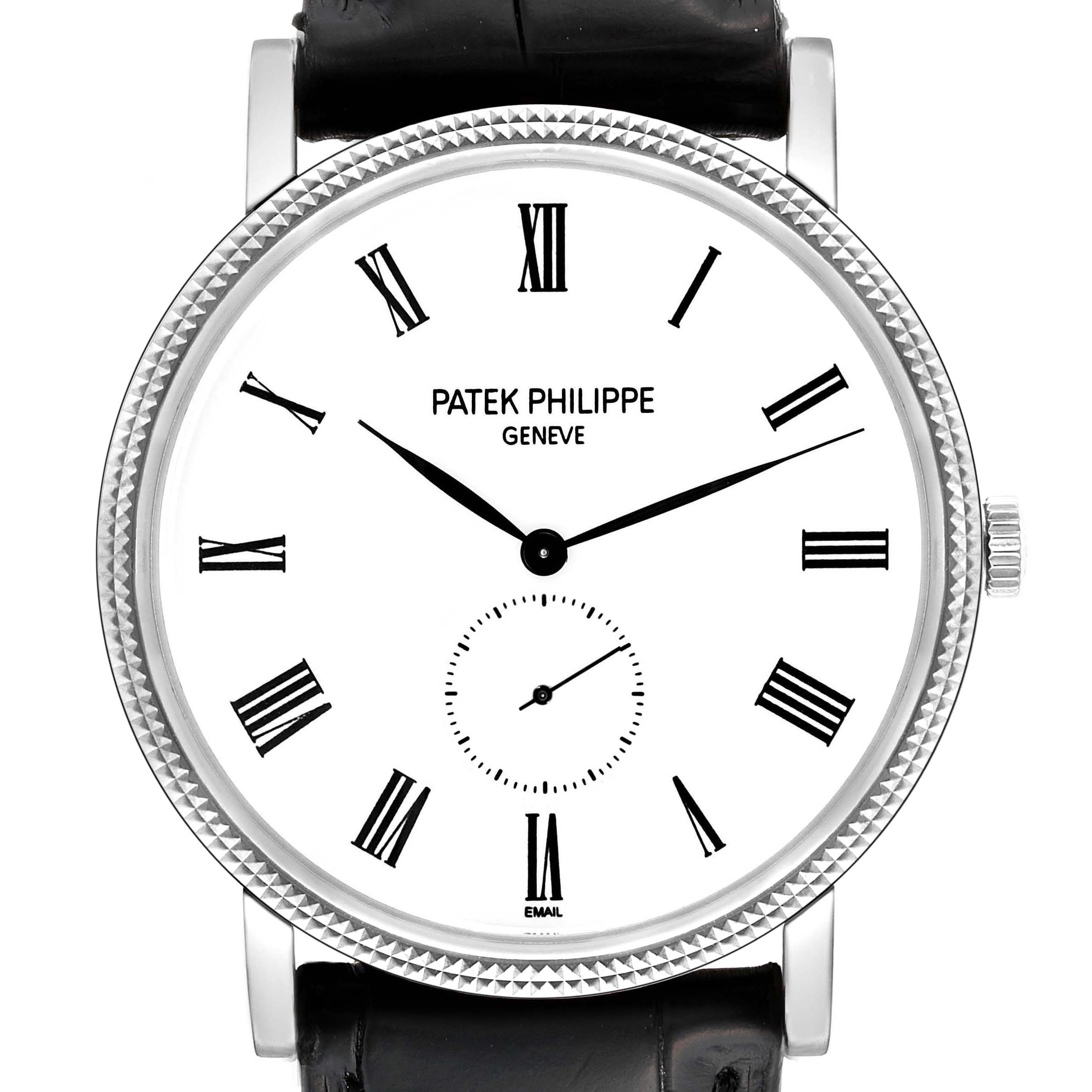 The image shows a frontal view of a Patek Philippe Calatrava 5116G Men
s White Gold White Dial 5116G Men
s White Gold White Dial watch, highlighting its white dial, black Roman numerals, and black leather strap.