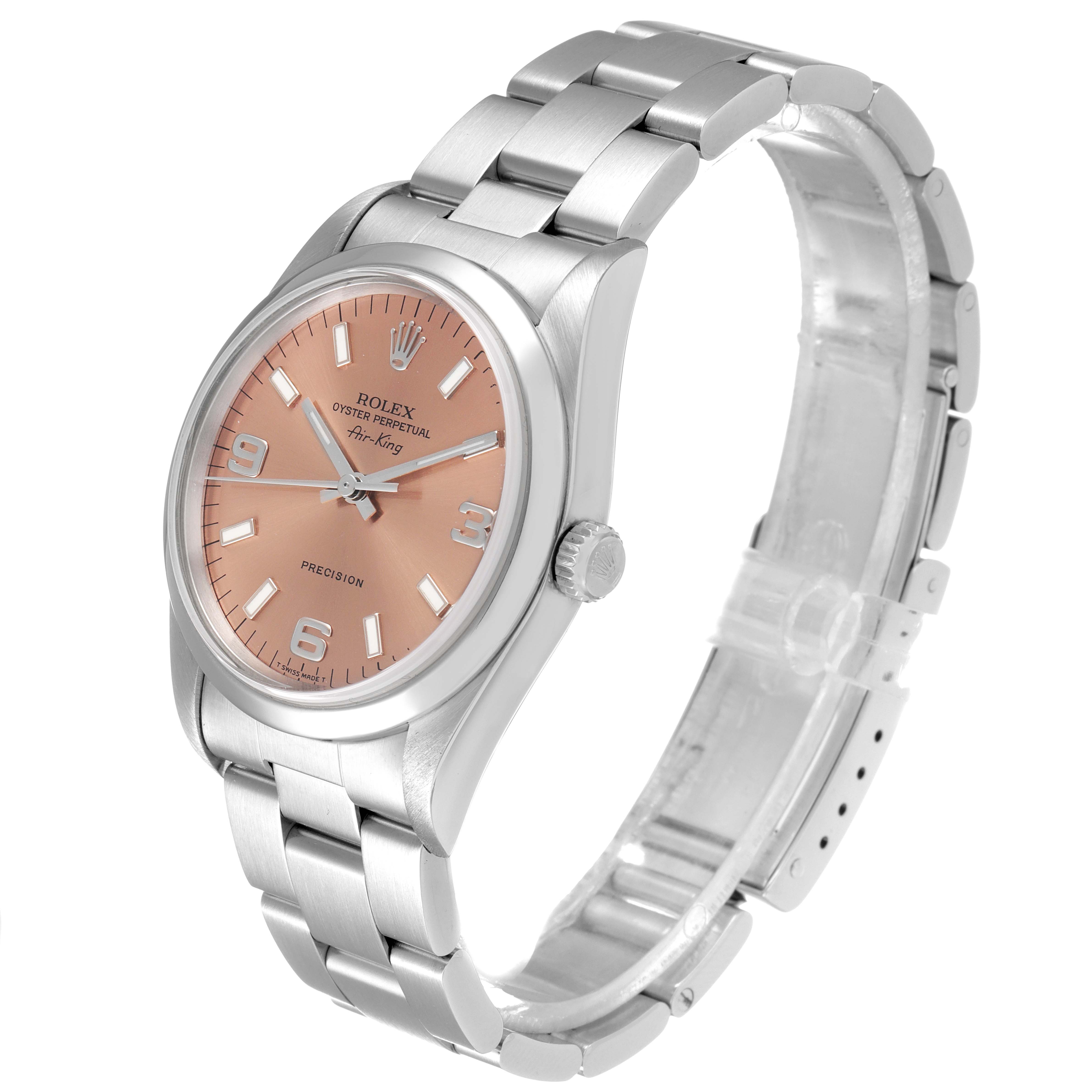 The Rolex Air-King 14000 Men's Stainless Steel Pink Dial 14000 Men's Stainless Steel Pink Dial watch is shown at a three-quarter angle, highlighting the dial, case, and stainless steel bracelet.