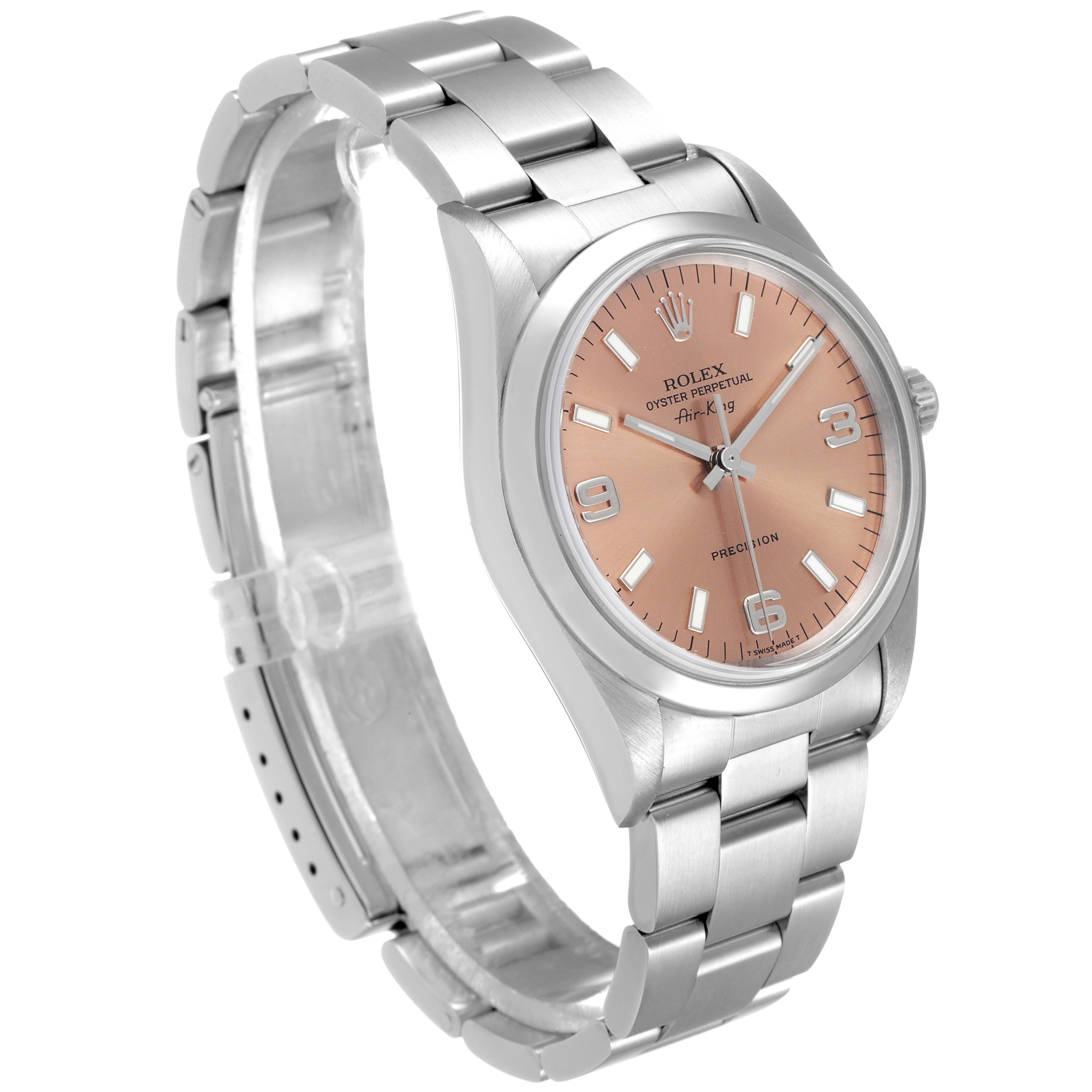 The Rolex Air-King 14000 Men's Stainless Steel Pink Dial 14000 Men's Stainless Steel Pink Dial watch is shown at an angled front view, highlighting the face, bezel, and part of the bracelet.