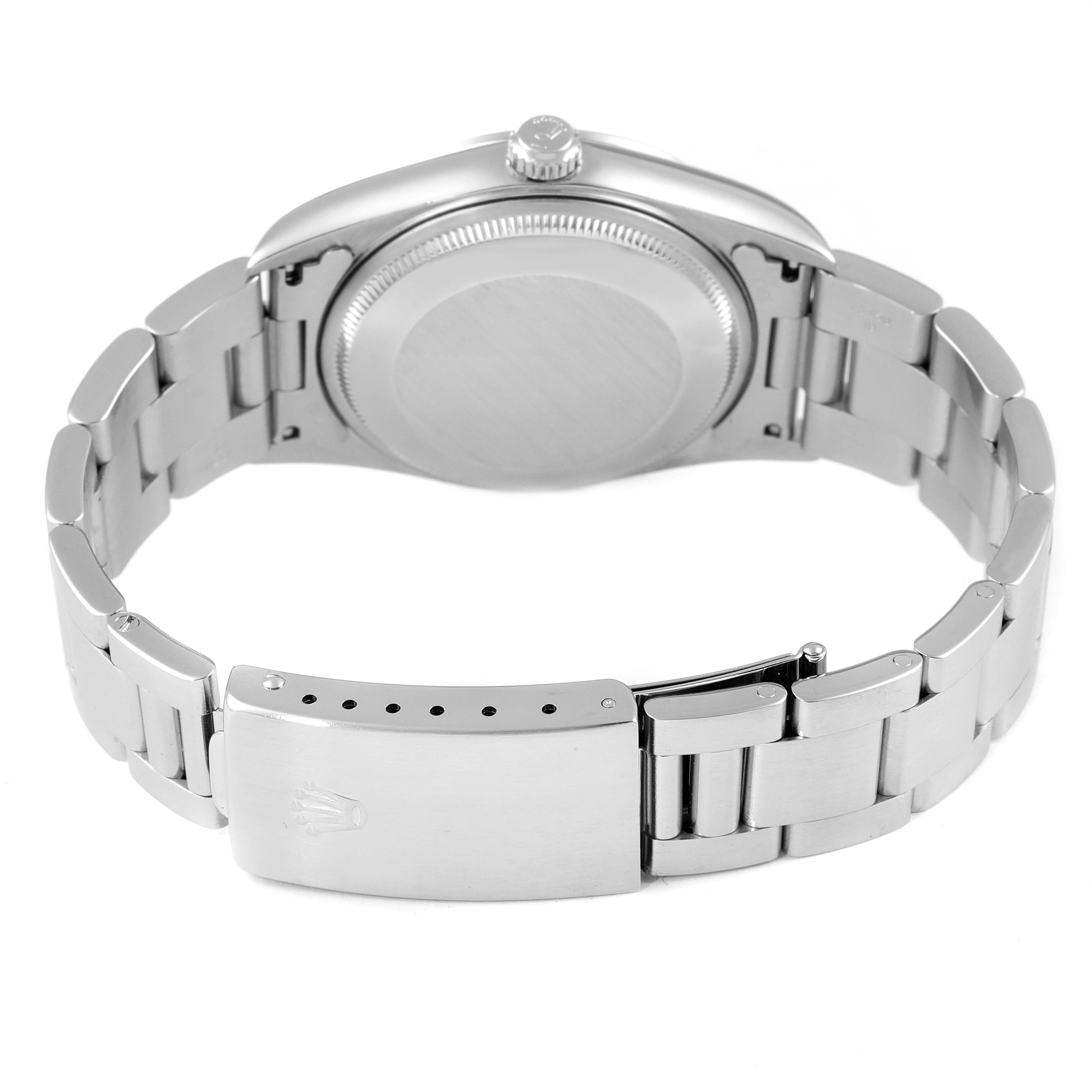 This image shows the back view of a Rolex Air-King 14000 Men's Stainless Steel Pink Dial 14000 Men's Stainless Steel Pink Dial watch, focusing on the clasp and band.