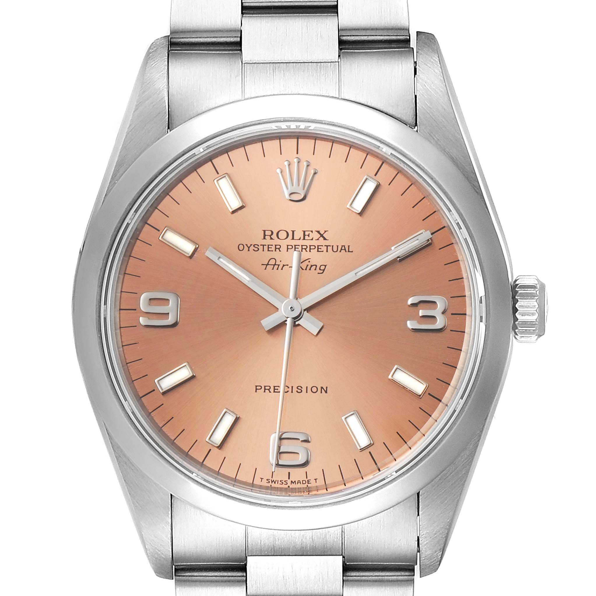 The Rolex Air-King 14000 Men's Stainless Steel Pink Dial 14000 Men's Stainless Steel Pink Dial watch is shown from a frontal angle, displaying its dial, hands, crown, and part of the bracelet.