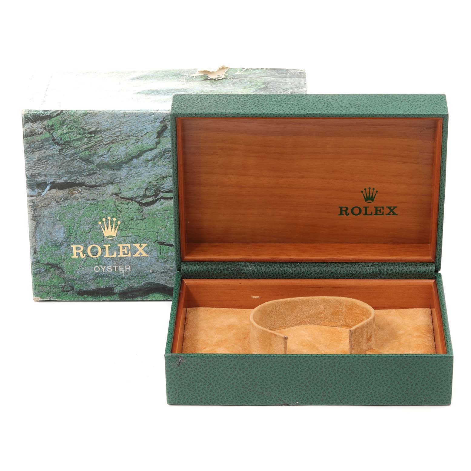 The image shows an open Rolex Air-King 14000 Men's Stainless Steel Pink Dial 14000 Men's Stainless Steel Pink Dial watch box with a green exterior, wood interior, and "Rolex" branding.