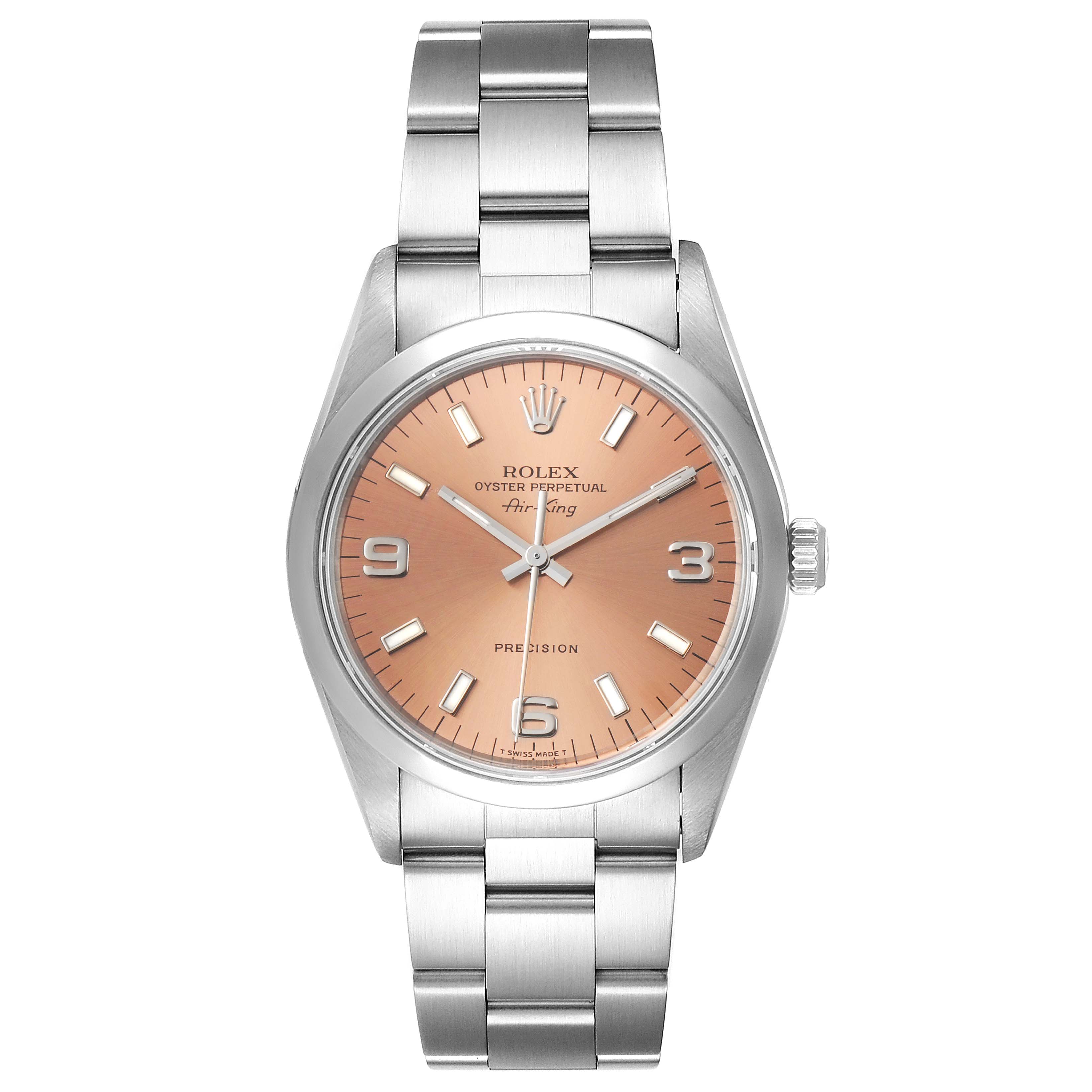 This image shows a front view of the Rolex Air-King 14000 Men's Stainless Steel Pink Dial 14000 Men's Stainless Steel Pink Dial watch, displaying its dial, case, and stainless steel bracelet.