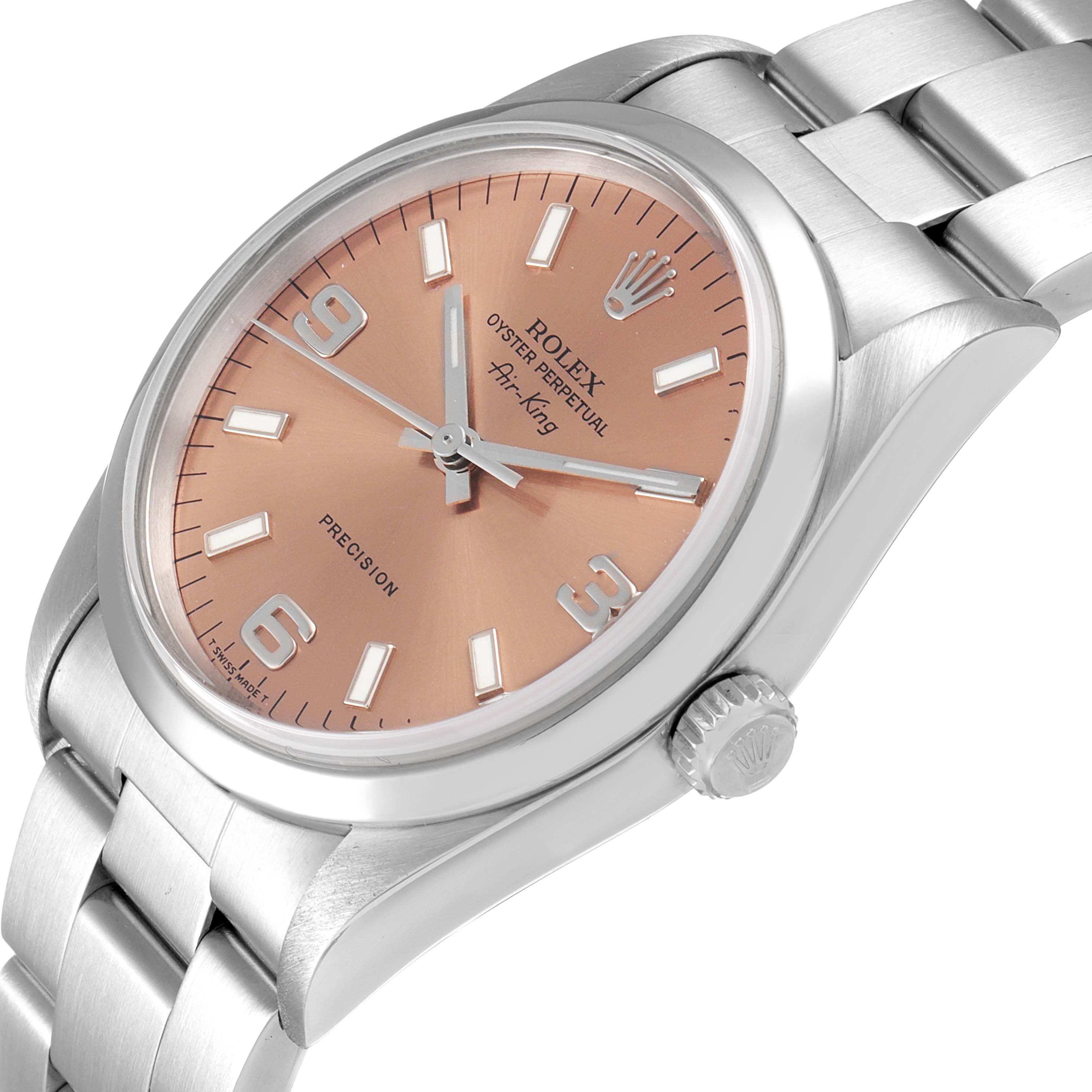 The image shows the dial, bracelet, and crown of a Rolex Air-King 14000 Men's Stainless Steel Pink Dial 14000 Men's Stainless Steel Pink Dial watch at an angle.