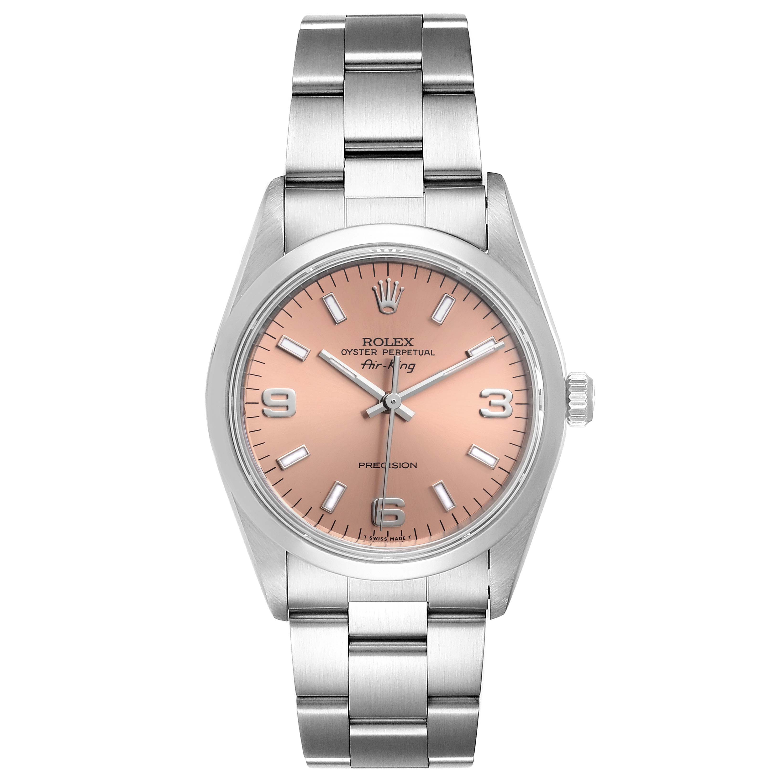 This image shows a Rolex Air-King 14000 Men's Stainless Steel Pink Dial 14000 Men's Stainless Steel Pink Dial watch from a top-down angle, highlighting its face, dial, and stainless steel bracelet.