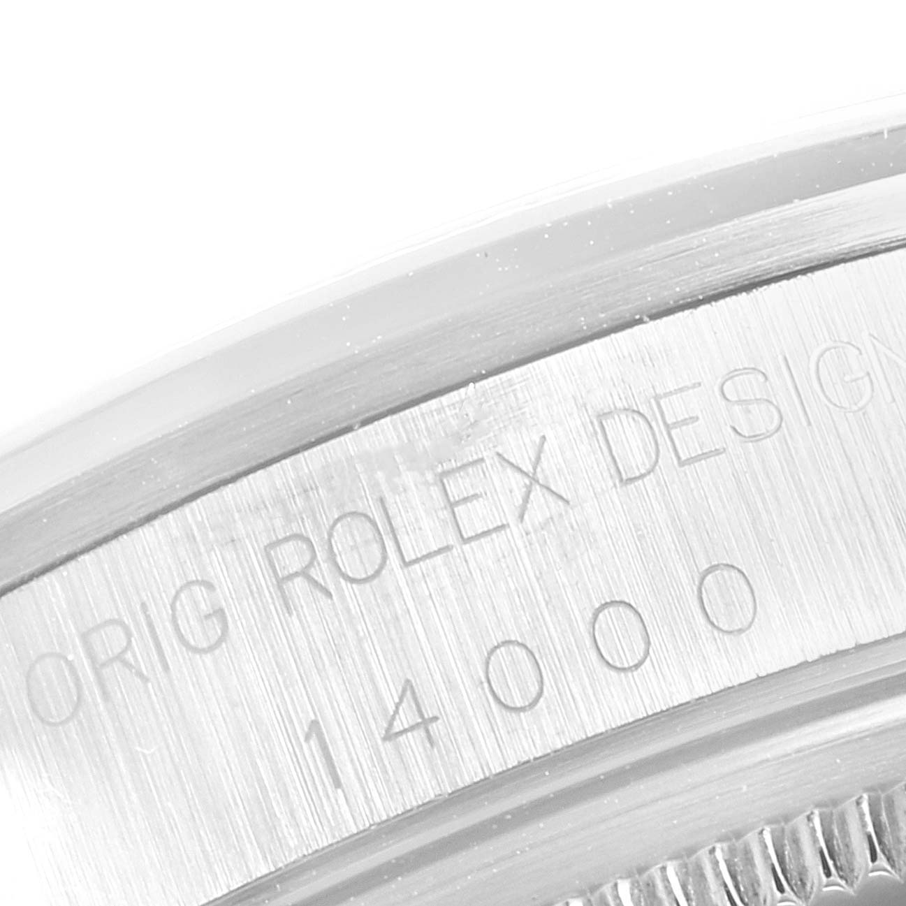 This close-up image shows the side view of a Rolex Air-King 14000 Men's Stainless Steel Pink Dial 14000 Men's Stainless Steel Pink Dial watch case, focusing on the engraved model number "14000".