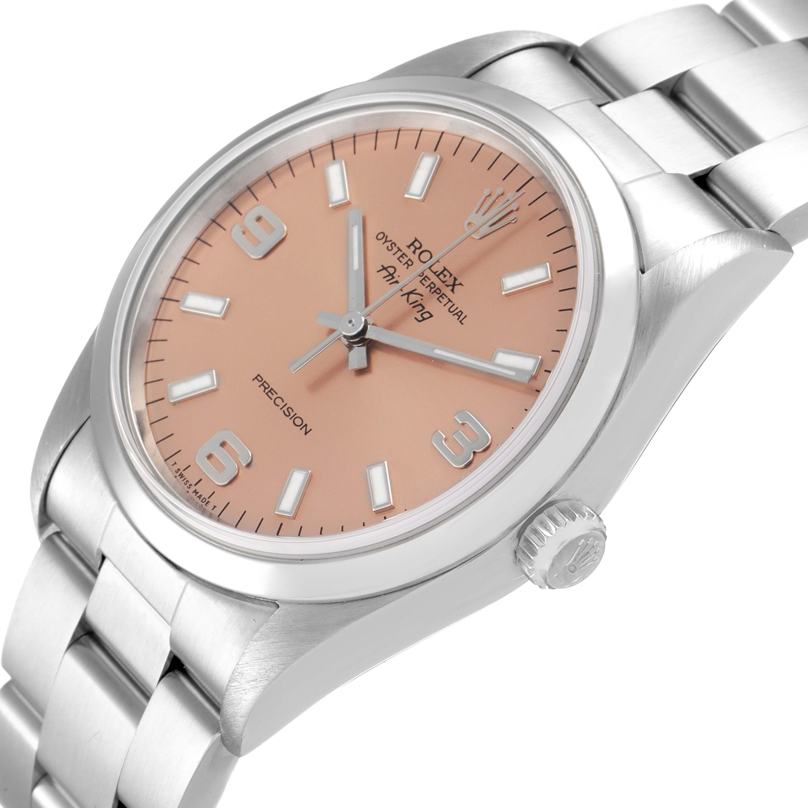 The Rolex Air-King 14000 Men's Stainless Steel Pink Dial 14000 Men's Stainless Steel Pink Dial watch is shown at a three-quarter angle, highlighting its face, crown, and metal bracelet.