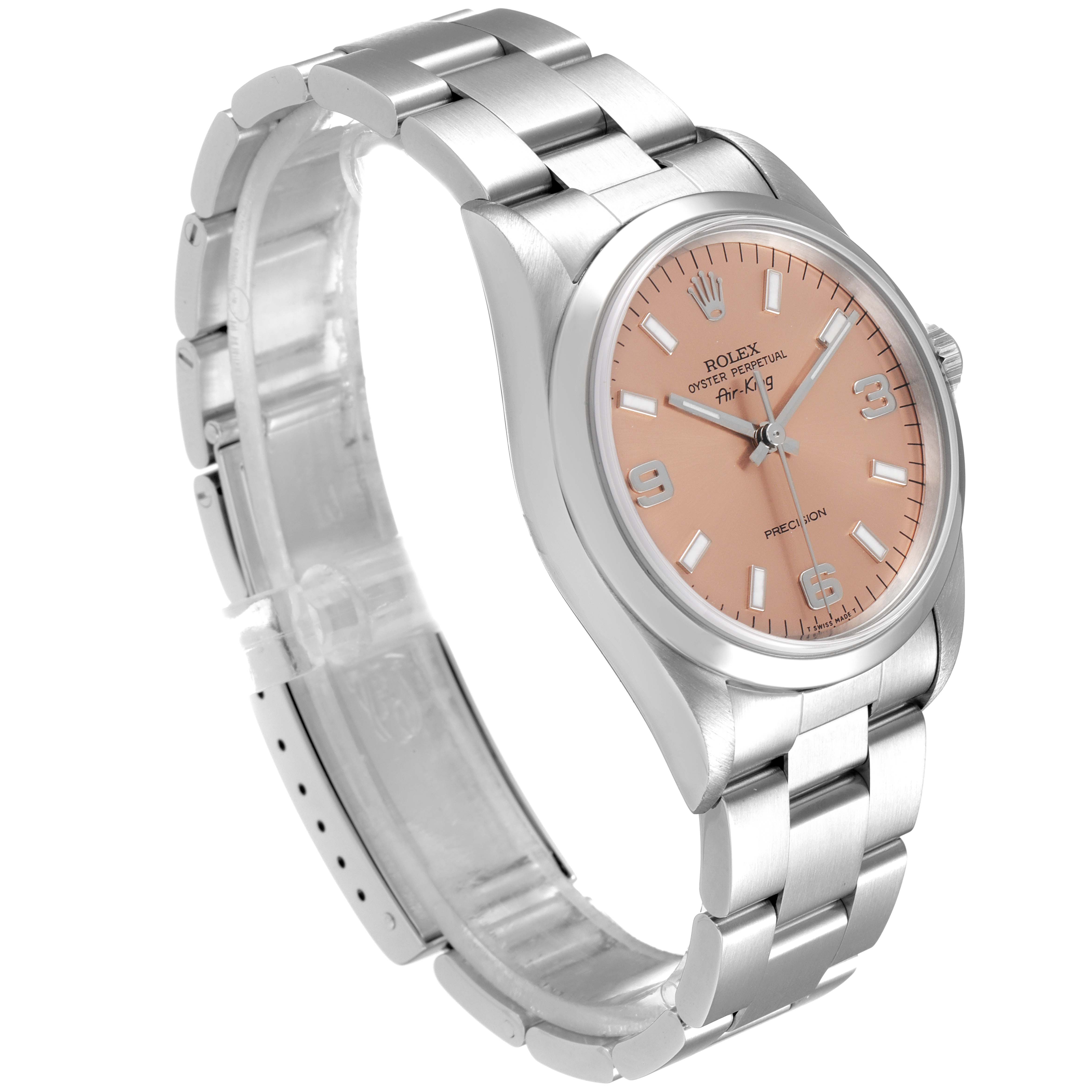 This image shows a Rolex Air-King 14000 Men's Stainless Steel Pink Dial 14000 Men's Stainless Steel Pink Dial watch from a front angle, displaying its dial, bezel, case, and bracelet.