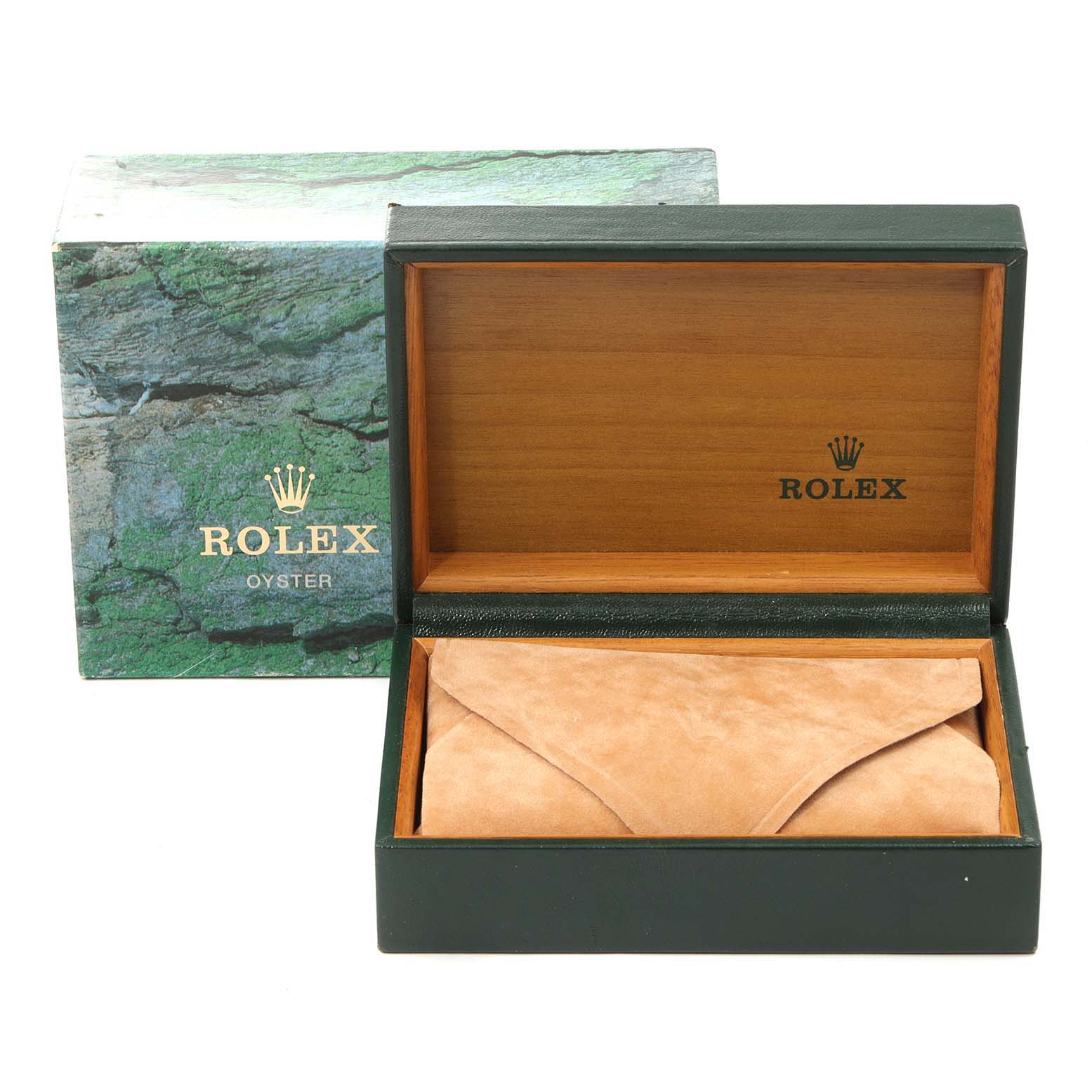 The image shows an open Rolex Air-King 14000 Men's Stainless Steel Pink Dial 14000 Men's Stainless Steel Pink Dial watch box and cover, with the interior empty and a suede pouch inside.