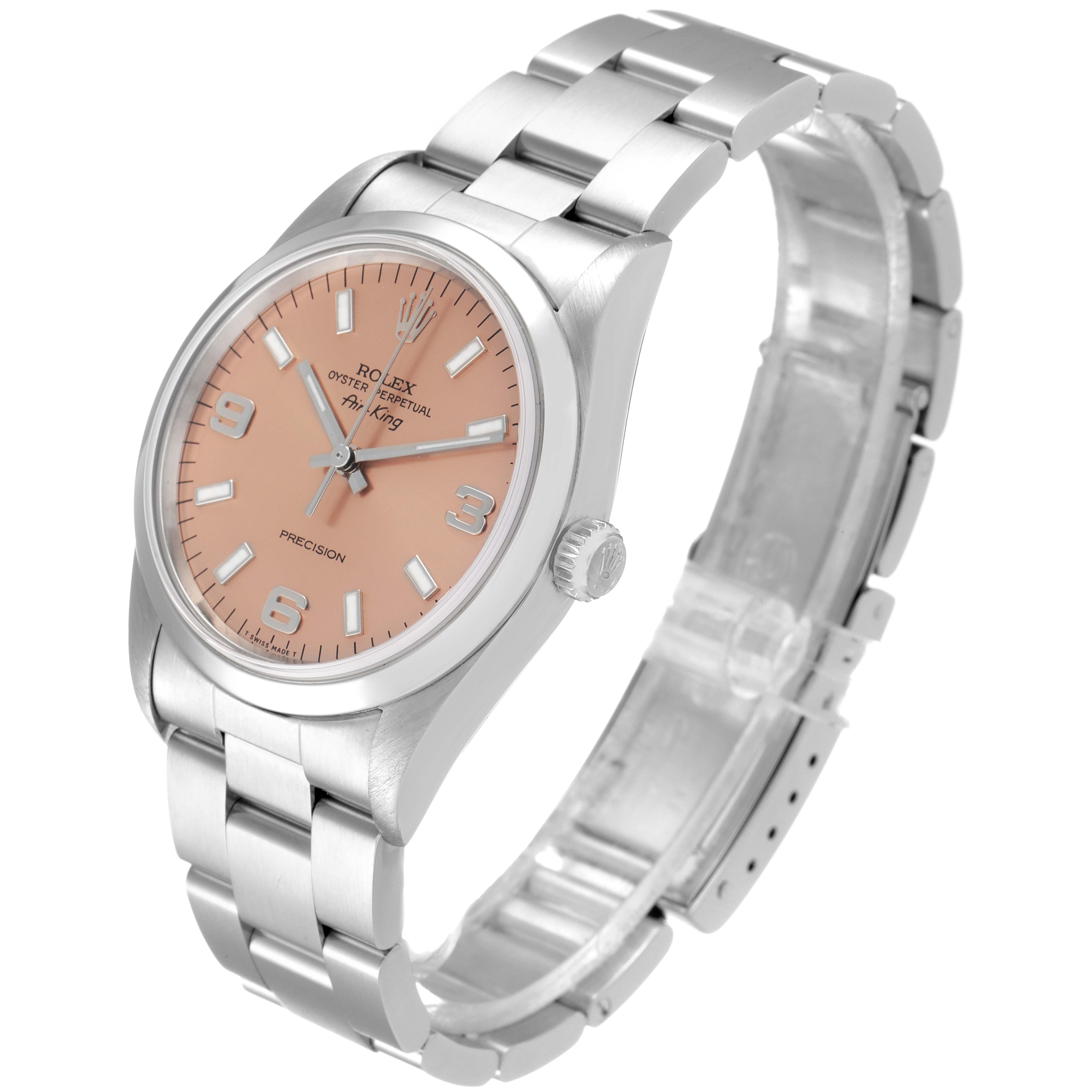 The Rolex Air-King 14000 Men's Stainless Steel Pink Dial 14000 Men's Stainless Steel Pink Dial watch is shown at a three-quarter angle, displaying the dial, bezel, crown, and bracelet.