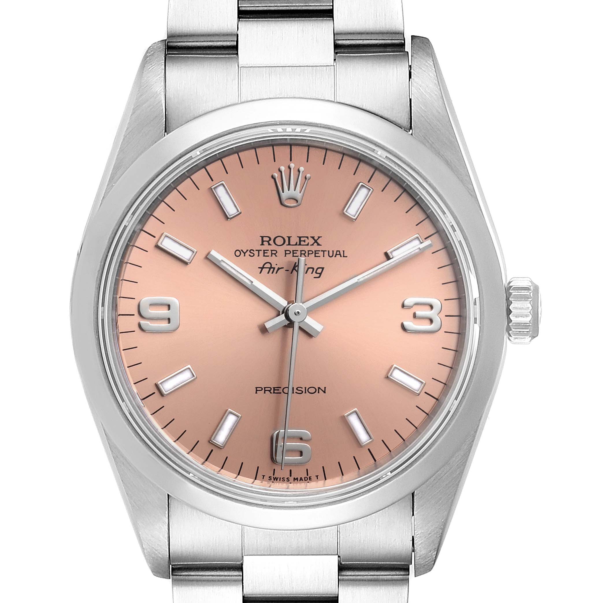 The image shows a front view of the Rolex Air-King 14000 Men's Stainless Steel Pink Dial 14000 Men's Stainless Steel Pink Dial watch, highlighting its dial, bezel, hands, crown, and part of the bracelet.
