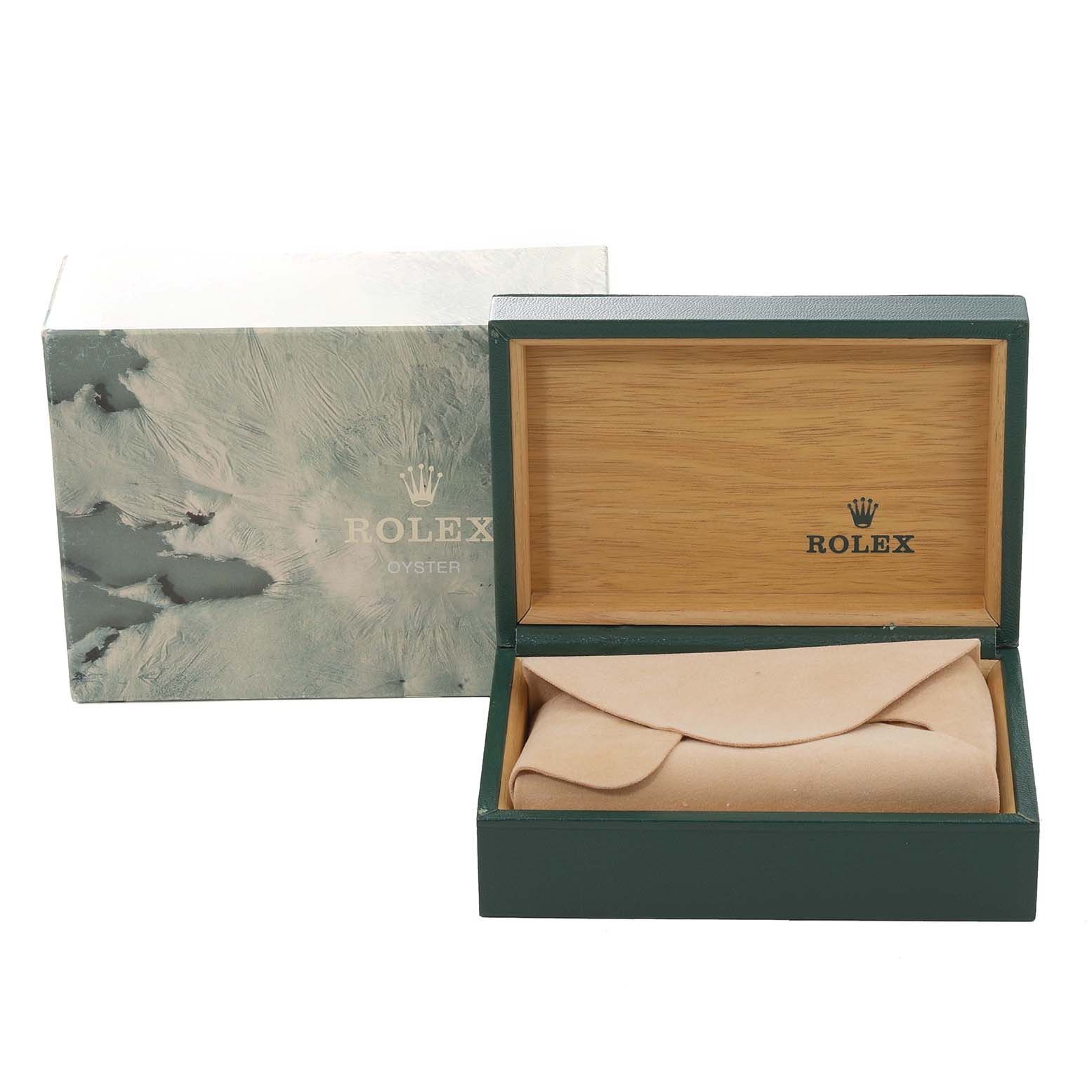 The image shows a Rolex-branded box set in an open position, displaying the inner wooden finish and a closed pouch inside.