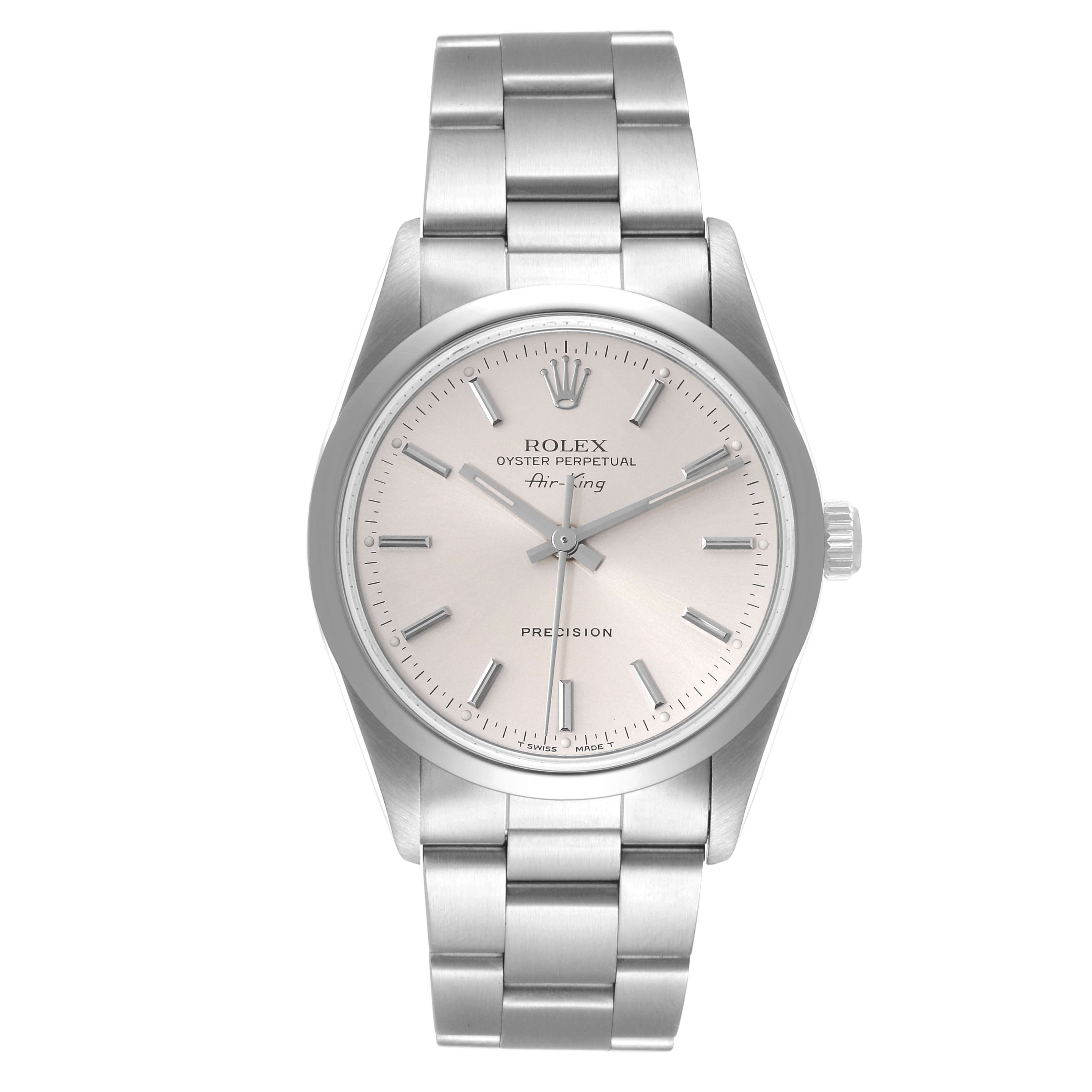 The image shows a front view of a Rolex Air-King 14000 Men's Stainless Steel Silver Dial 14000 Men's Stainless Steel Silver Dial watch, displaying the dial, hour markers, and bracelet.