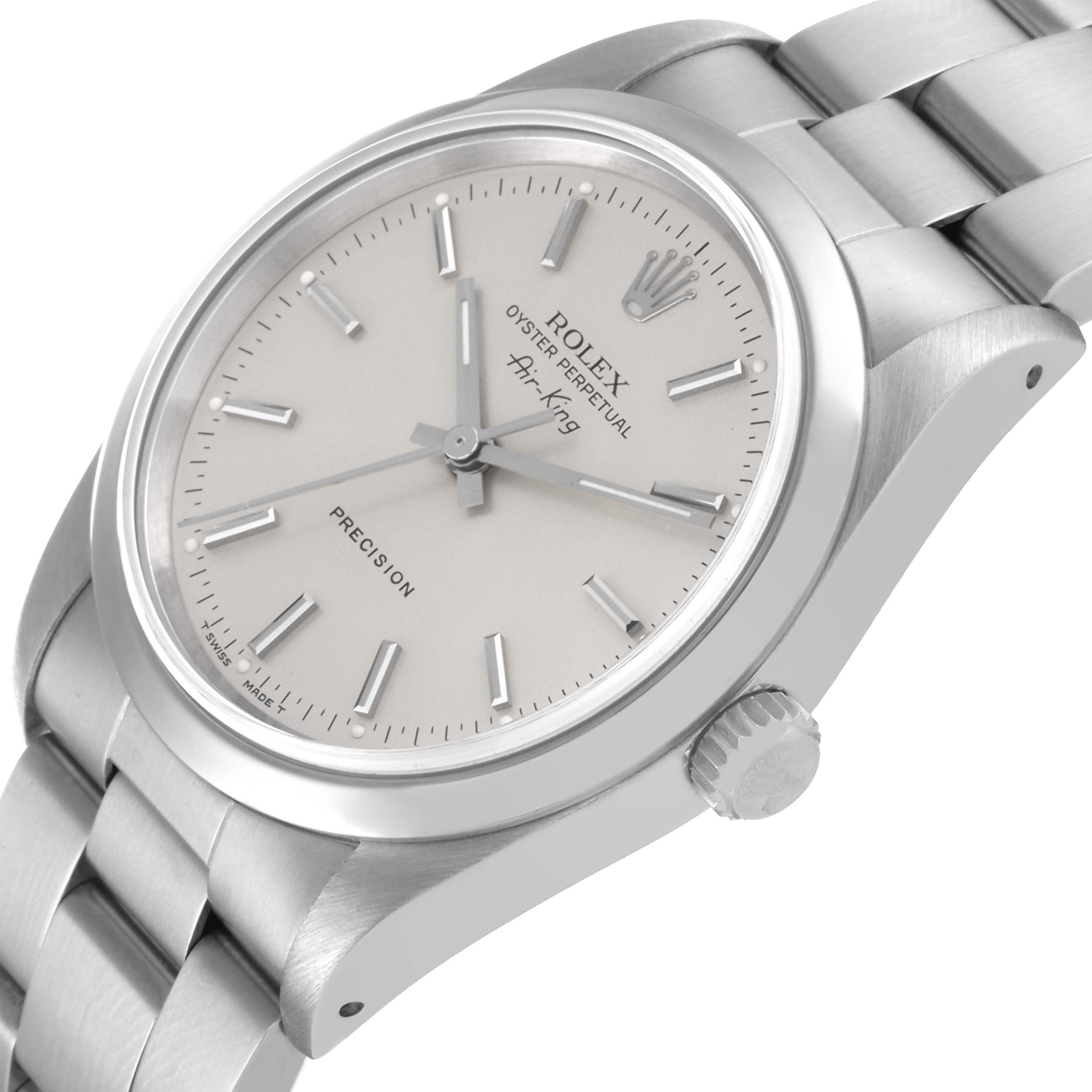 This image shows a Rolex Air-King 14000 Men's Stainless Steel Silver Dial 14000 Men's Stainless Steel Silver Dial watch at an angled close-up, highlighting the dial, bezel, crown, and part of the bracelet.