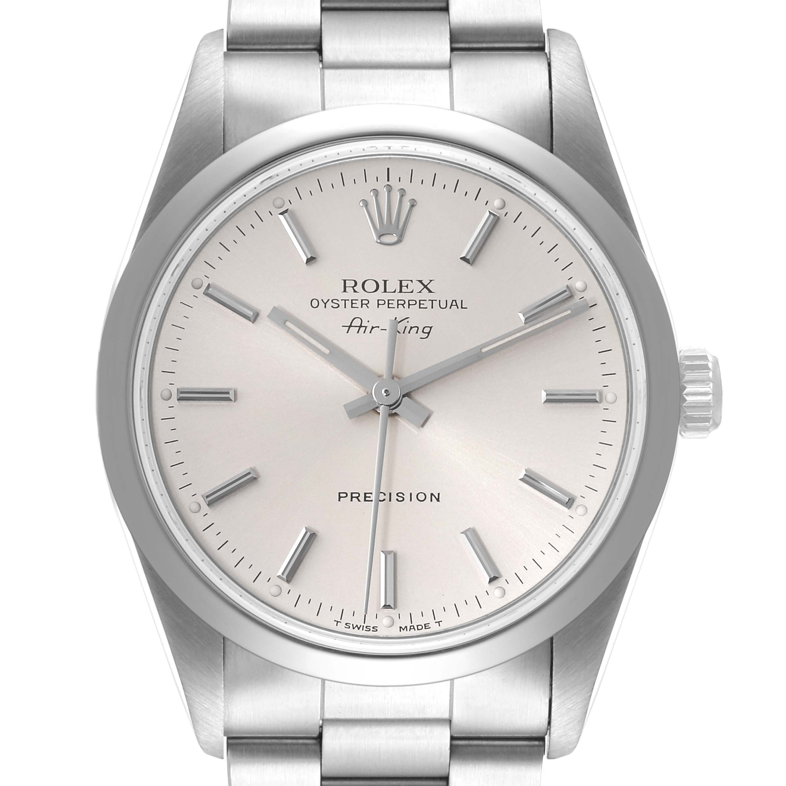 The image shows a close-up front view of the Rolex Air-King 14000 Men's Stainless Steel Silver Dial 14000 Men's Stainless Steel Silver Dial watch displaying the dial, case, and part of the bracelet.