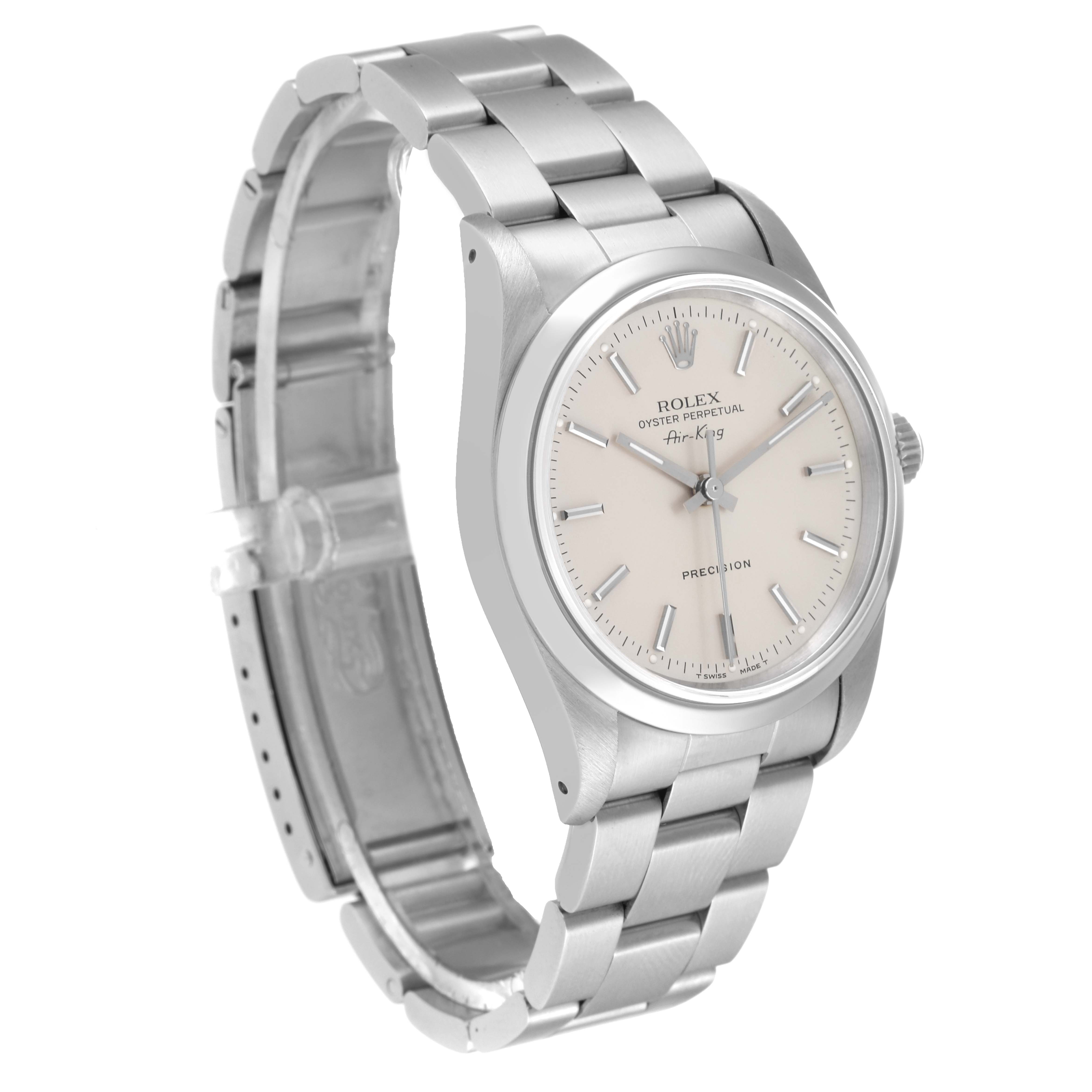The Rolex Air-King 14000 Men's Stainless Steel Silver Dial 14000 Men's Stainless Steel Silver Dial watch is depicted from a front and slightly angled side view, showing the dial, bezel, case, and bracelet.