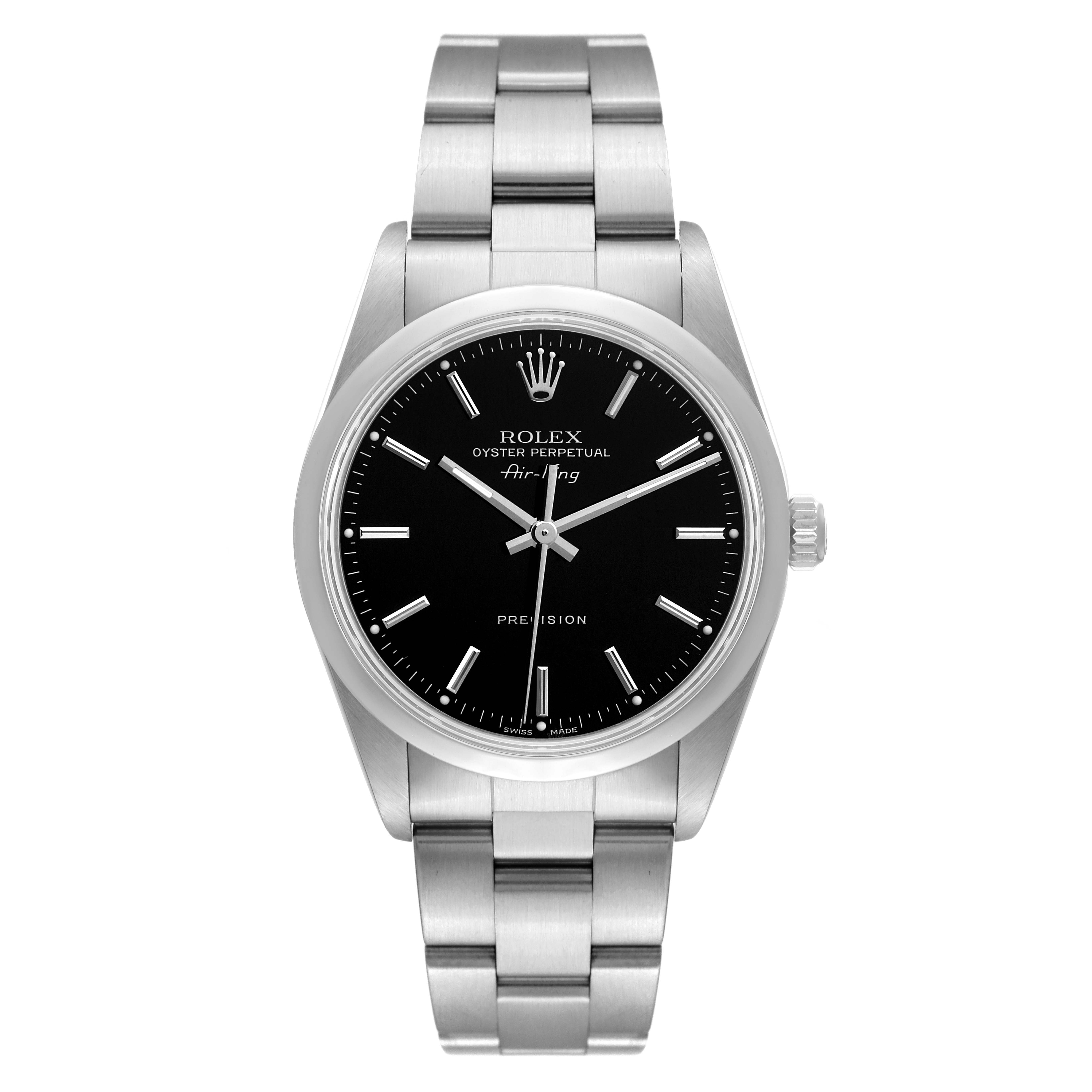 The image shows a front view of a Rolex Air-King 14000M Men's Stainless Steel Black Dial 14000M Men's Stainless Steel Black Dial watch, displaying the dial, bezel, case, and bracelet.