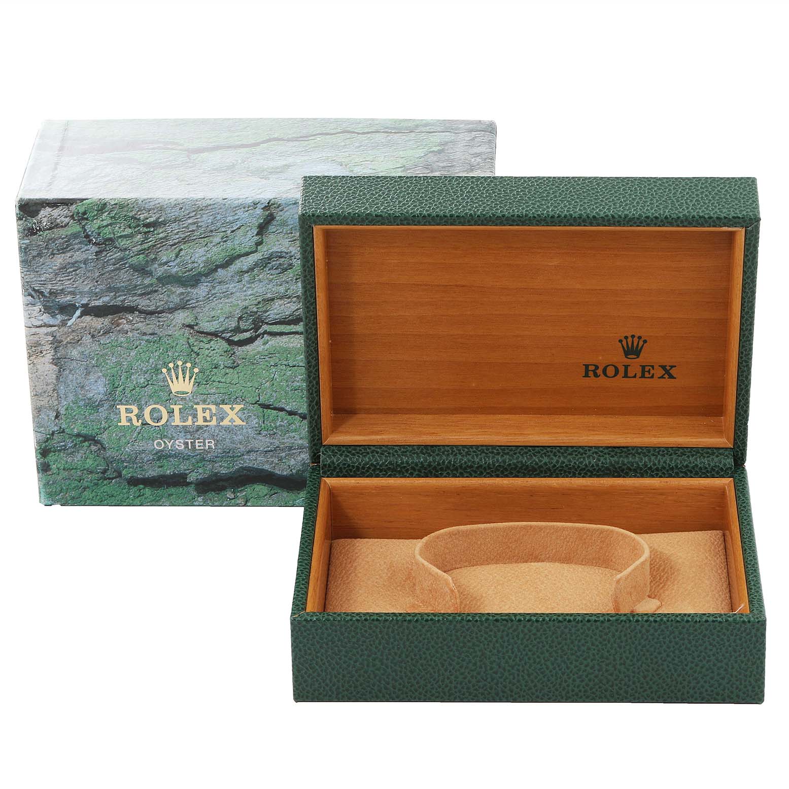 This image shows a Rolex Air-King 14000M Men's Stainless Steel Black Dial 14000M Men's Stainless Steel Black Dial watch box and outer packaging from a front angle with the box lid open.
