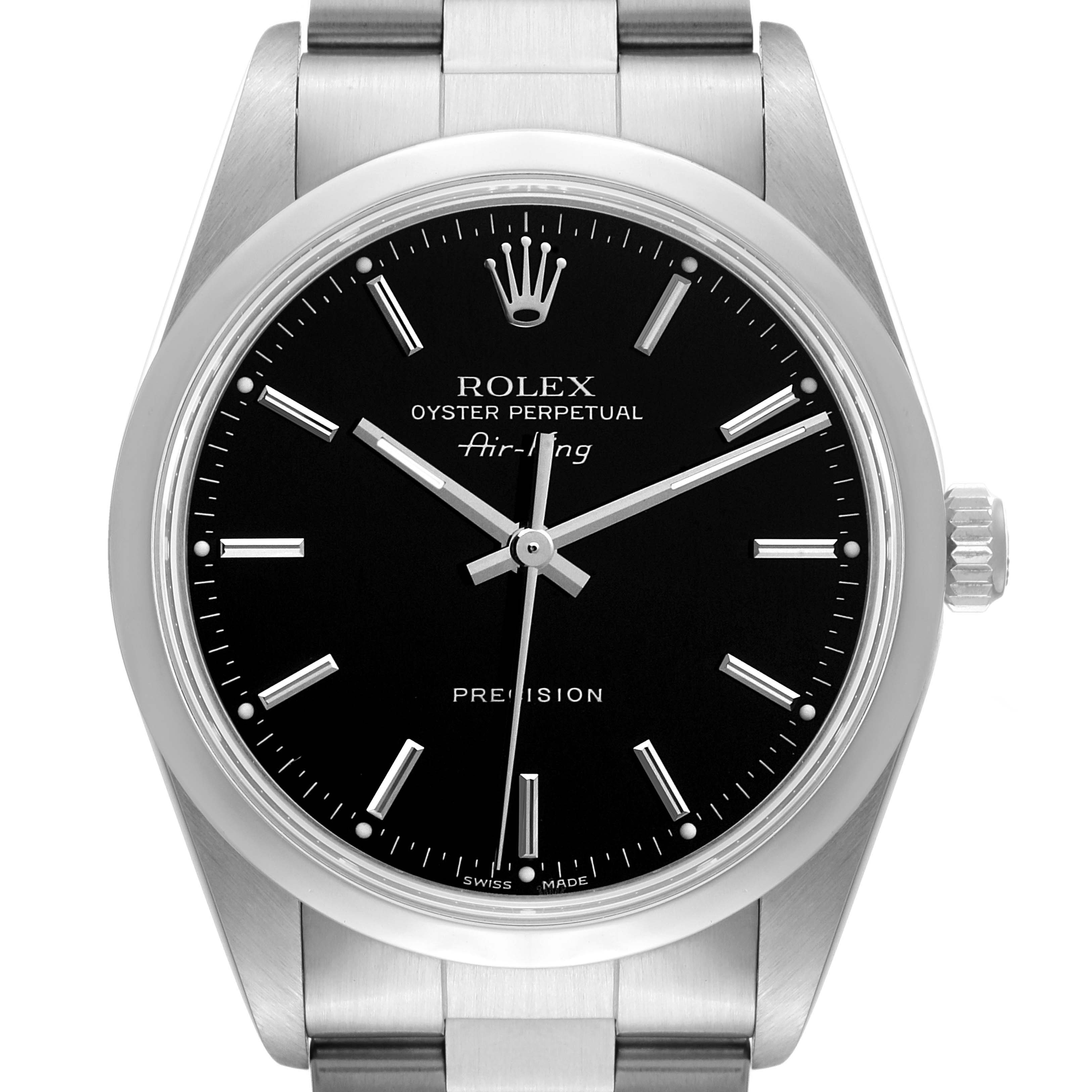 The image shows a front view of a Rolex Air-King 14000M Men's Stainless Steel Black Dial 14000M Men's Stainless Steel Black Dial watch, highlighting its black dial, silver hands, and stainless steel bracelet.