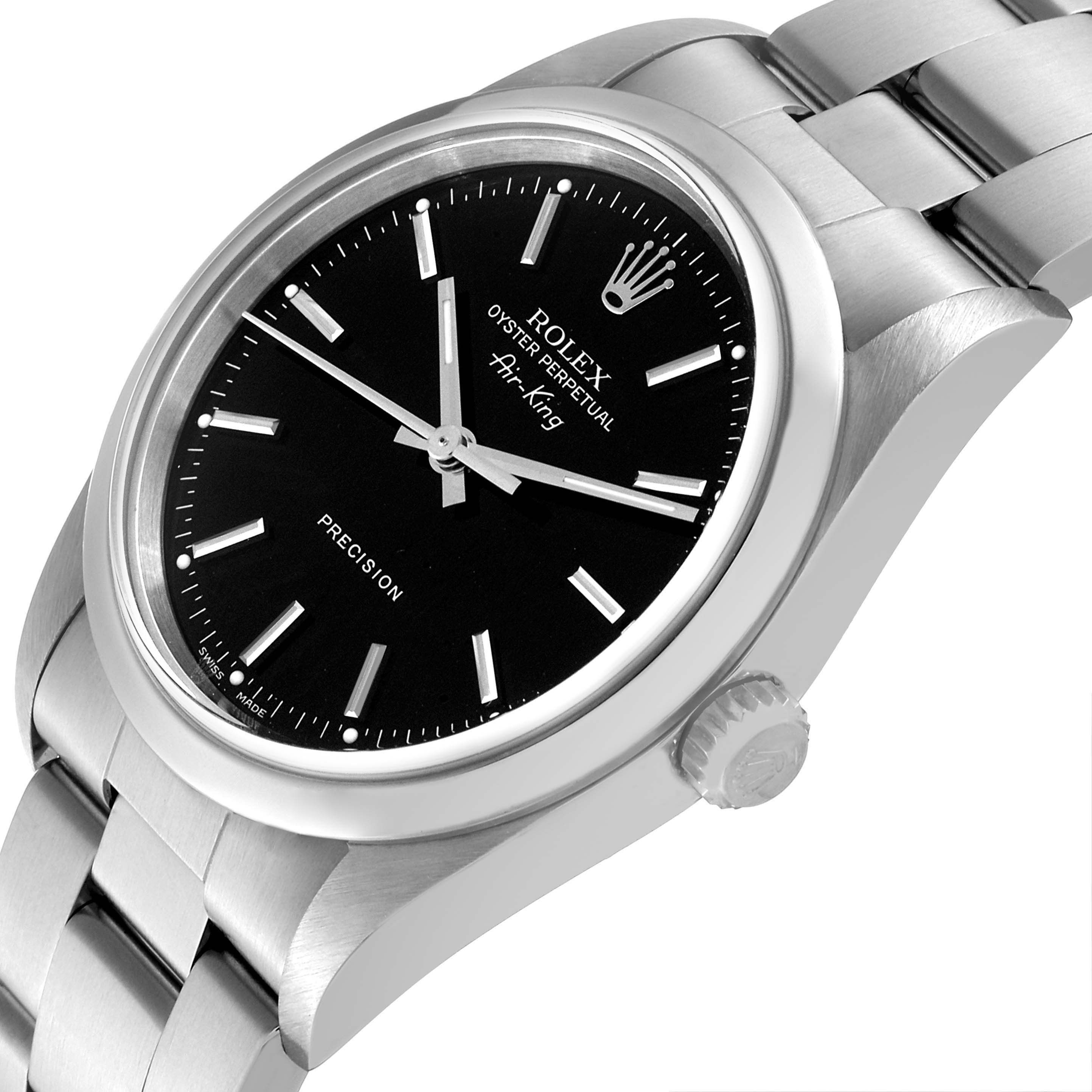 The image shows a close-up angled view of a Rolex Air-King 14000M Men's Stainless Steel Black Dial 14000M Men's Stainless Steel Black Dial watch, highlighting its black dial, silver hands, and stainless steel bracelet.