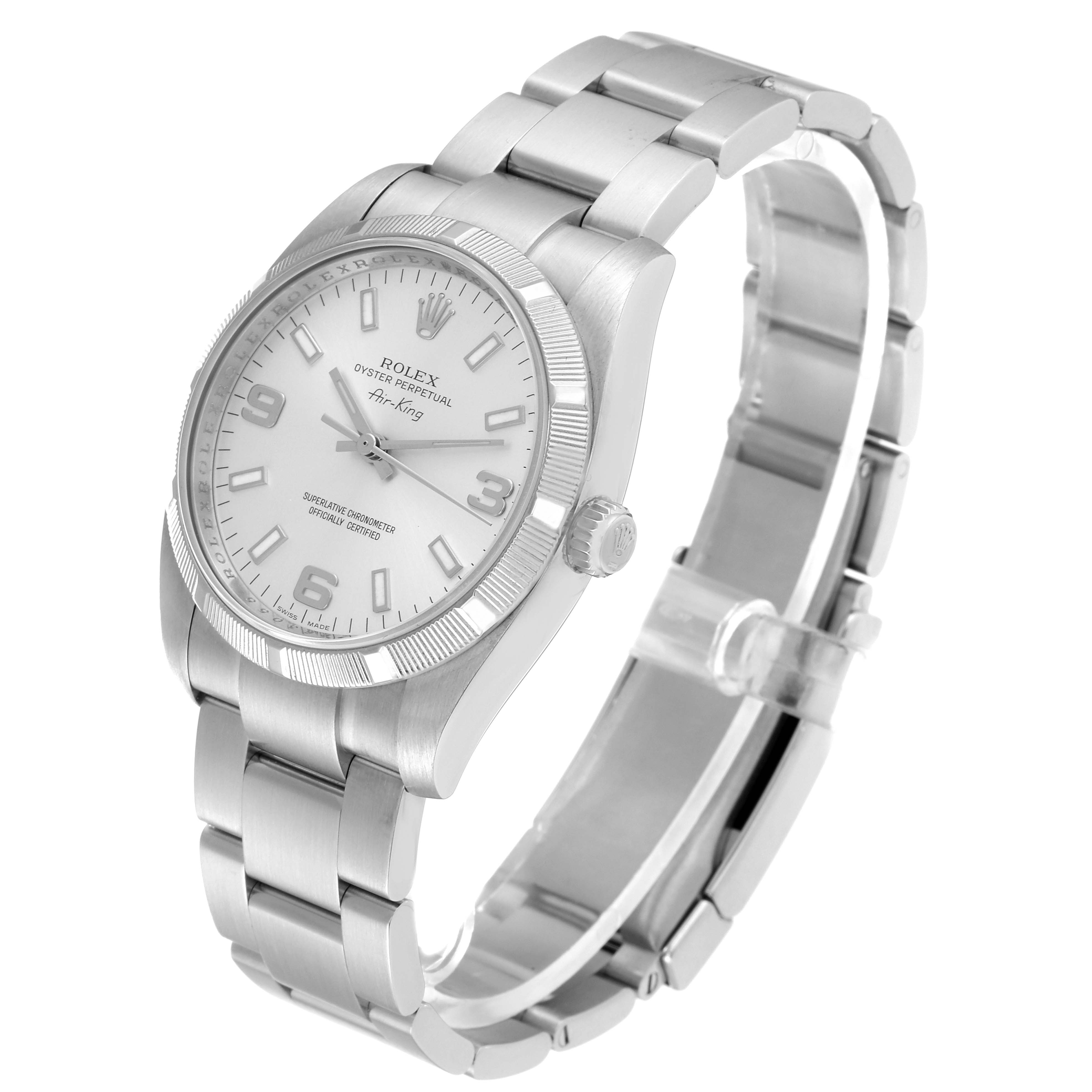 The image shows a Rolex Air-King 114210 Men's Stainless Steel Silver Dial 114210 Men's Stainless Steel Silver Dial watch at a 3/4 angle, displaying the face, case, and bracelet.