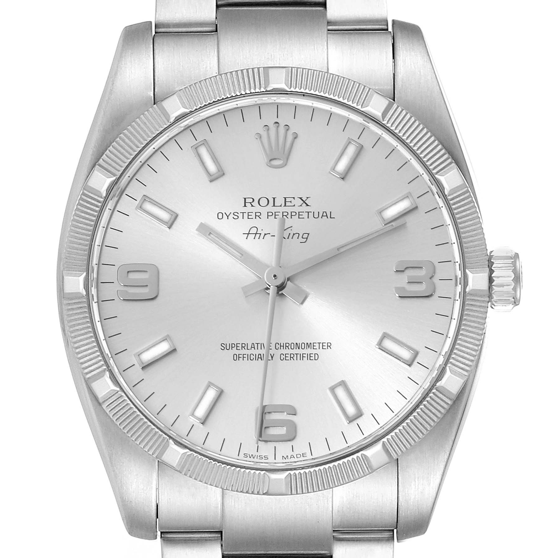 The image shows a front view of a Rolex Air-King 114210 Men's Stainless Steel Silver Dial 114210 Men's Stainless Steel Silver Dial watch, focusing on the dial, bezel, and part of the bracelet.