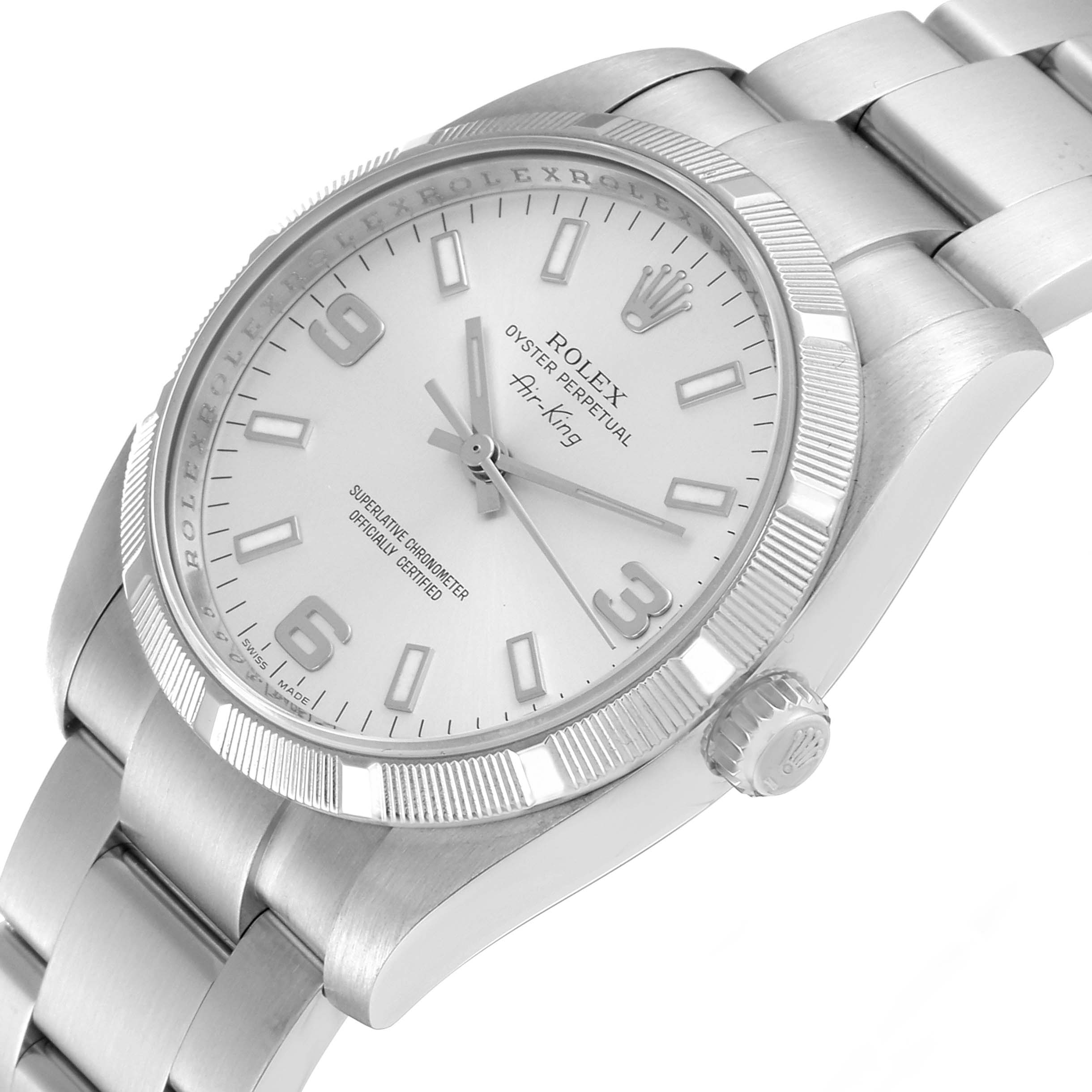The image shows the dial, bezel, crown, and part of the bracelet of a Rolex Air-King 114210 Men's Stainless Steel Silver Dial 114210 Men's Stainless Steel Silver Dial watch from an angled side view.