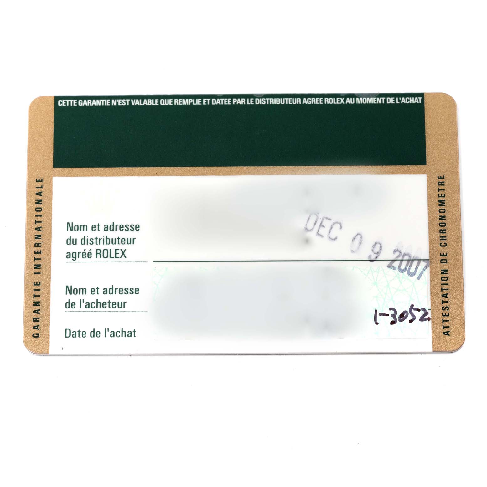 The image shows a warranty card for the Rolex Air-King 114210 Men's Stainless Steel Silver Dial 114210 Men's Stainless Steel Silver Dial watch, displaying purchase and dealer information.