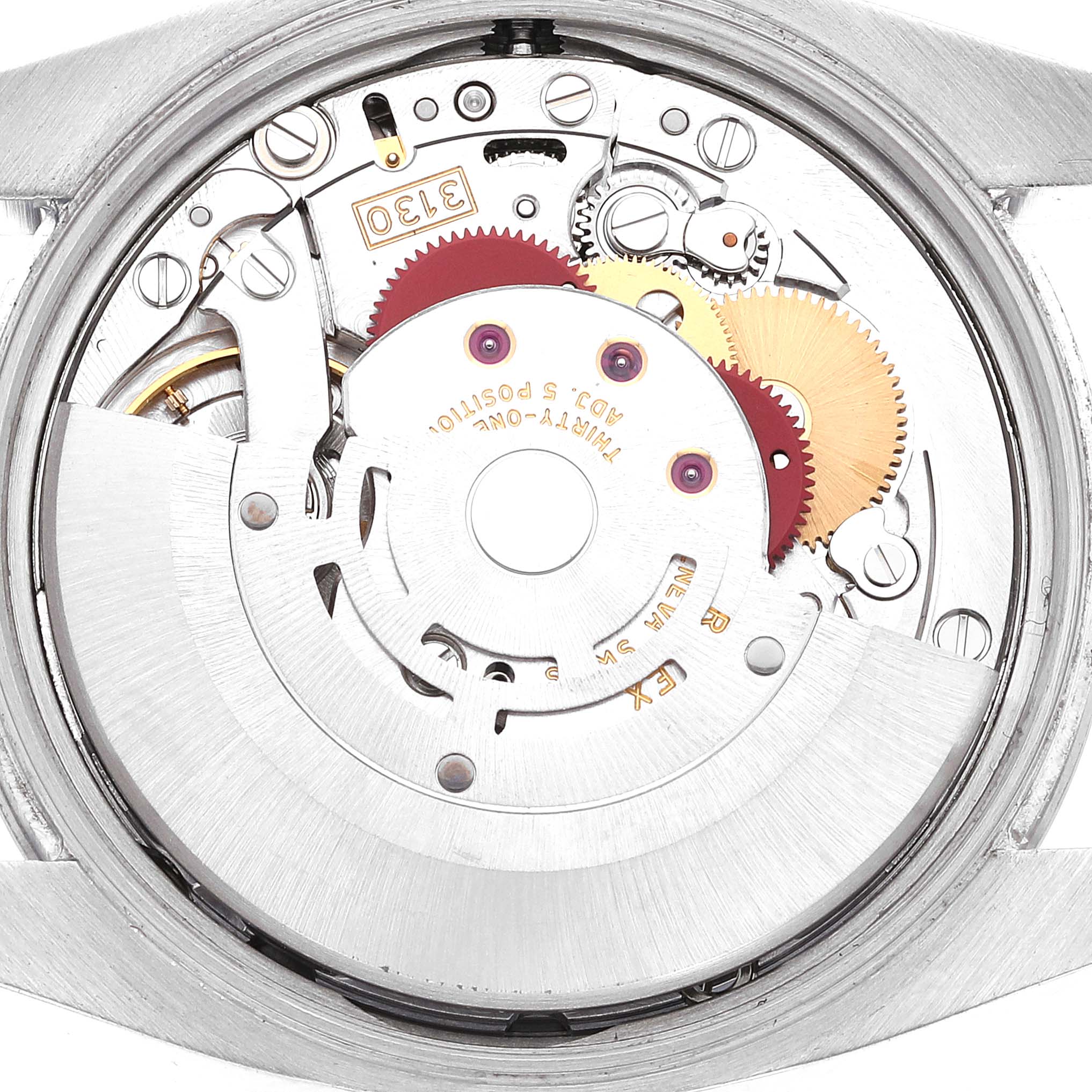 The image shows a close-up of the movement and inner mechanism of a Rolex Air-King 114210 Men's Stainless Steel Silver Dial 114210 Men's Stainless Steel Silver Dial watch.