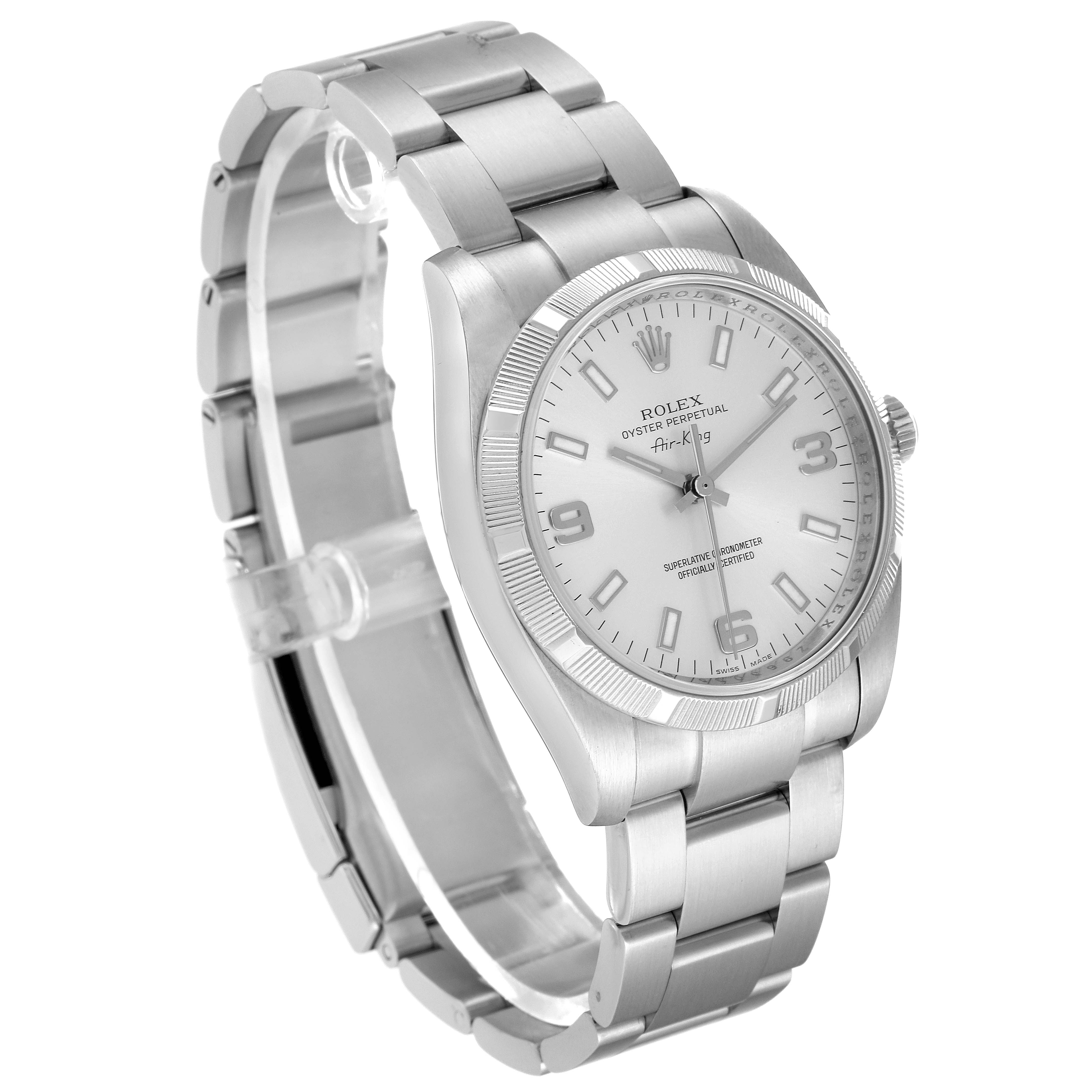 This image shows a side view of the Rolex Air-King 114210 Men's Stainless Steel Silver Dial 114210 Men's Stainless Steel Silver Dial watch, highlighting the watch face, bezel, crown, and metal bracelet.