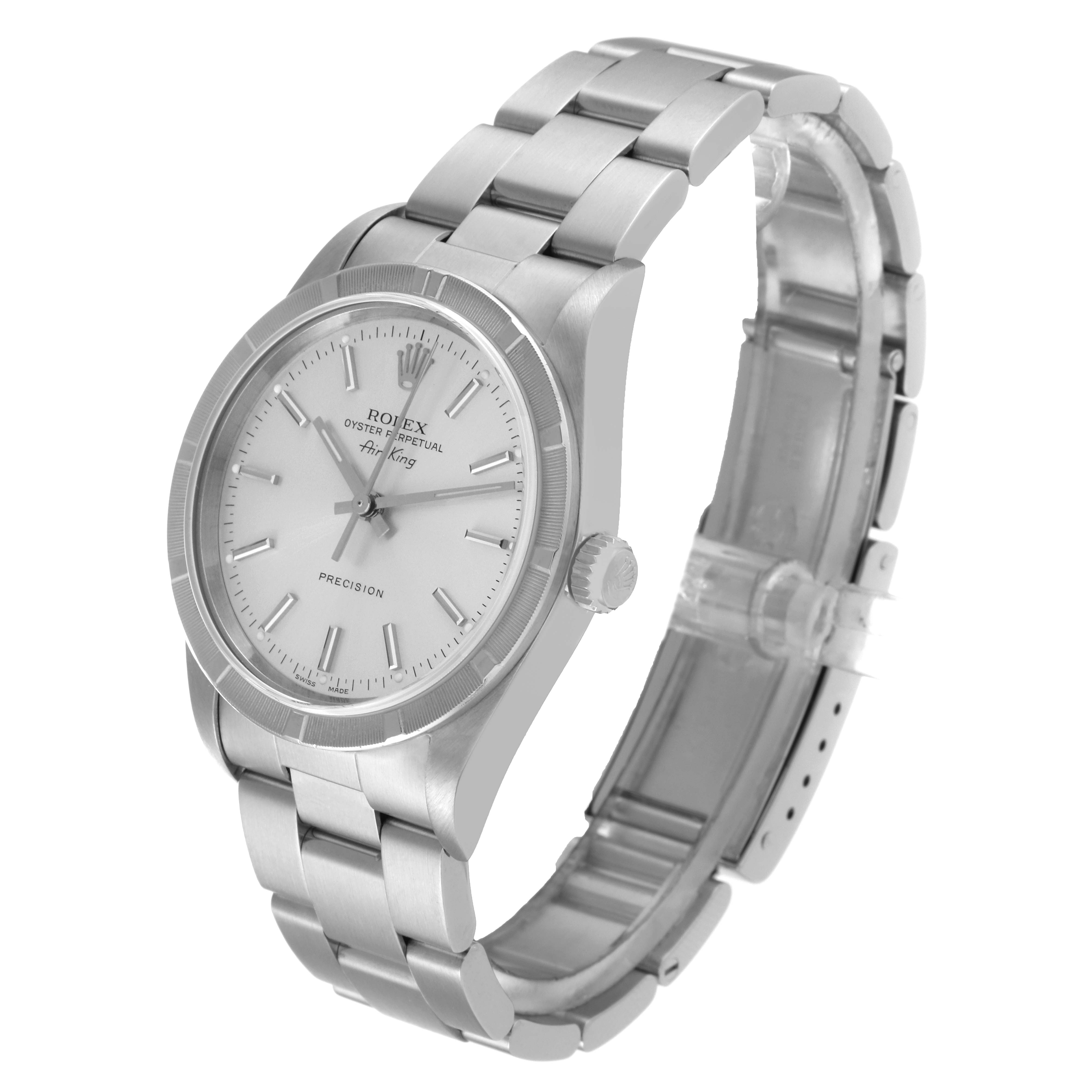 The image shows the Rolex Air-King 14010 Men's Stainless Steel Silver Dial 14010 Men's Stainless Steel Silver Dial watch at a slight front-left angle, highlighting the face, bezel, and bracelet.