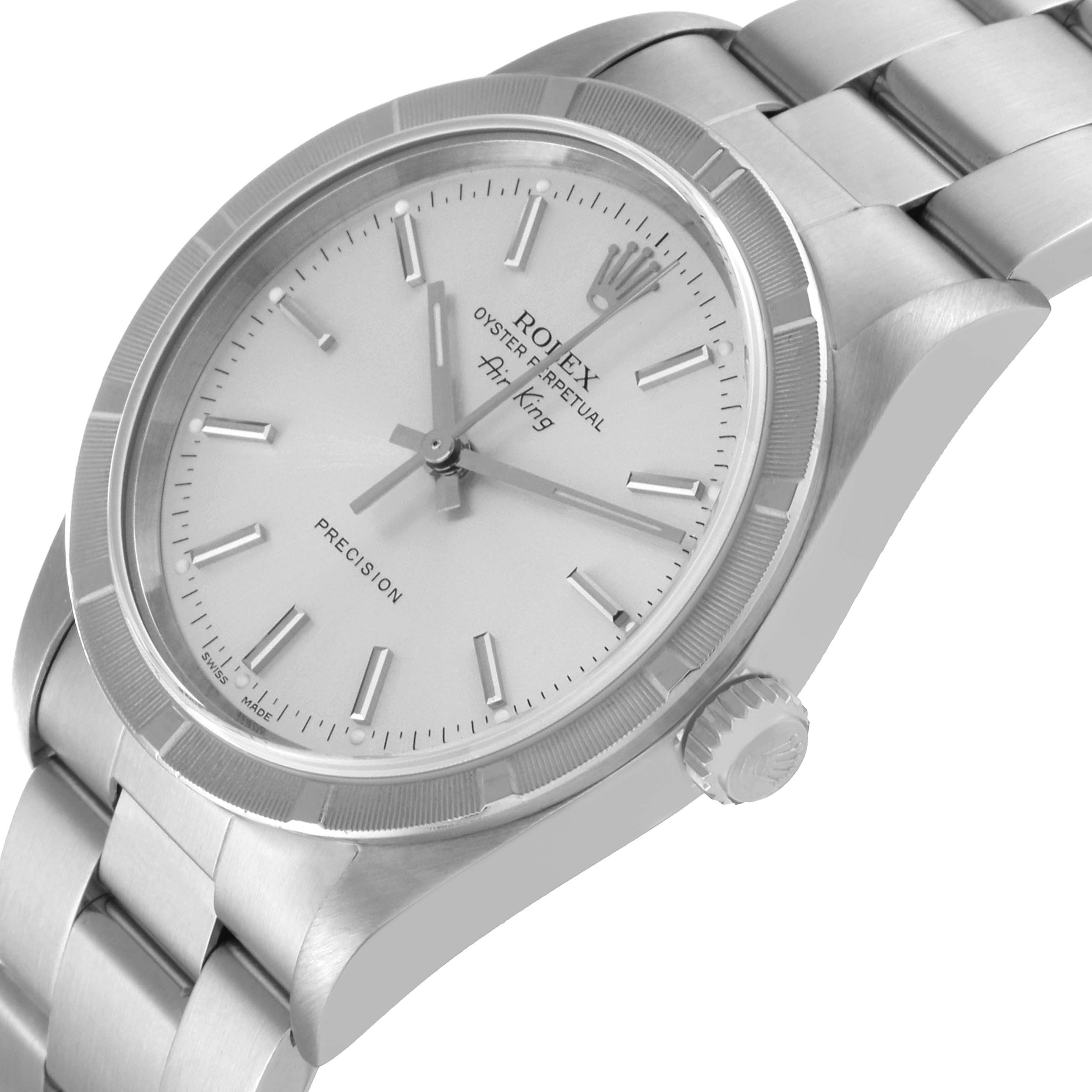 The image shows a close-up angled view of the Rolex Air-King 14010 Men's Stainless Steel Silver Dial 14010 Men's Stainless Steel Silver Dial watch, highlighting the dial, bezel, crown, and a portion of the bracelet.