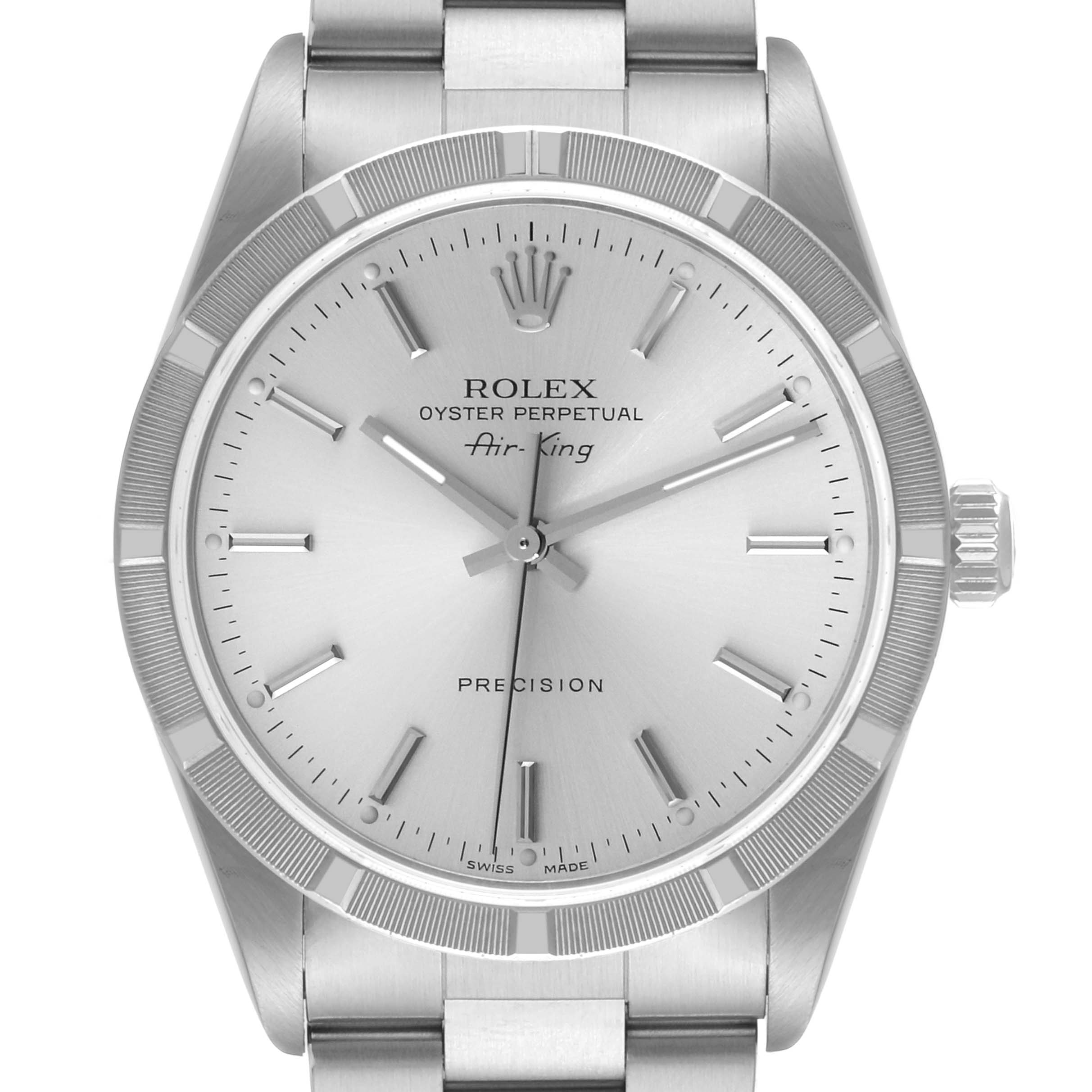 The image shows a front view of the Rolex Air-King 14010 Men's Stainless Steel Silver Dial 14010 Men's Stainless Steel Silver Dial watch, displaying the dial, bezel, and part of the bracelet.