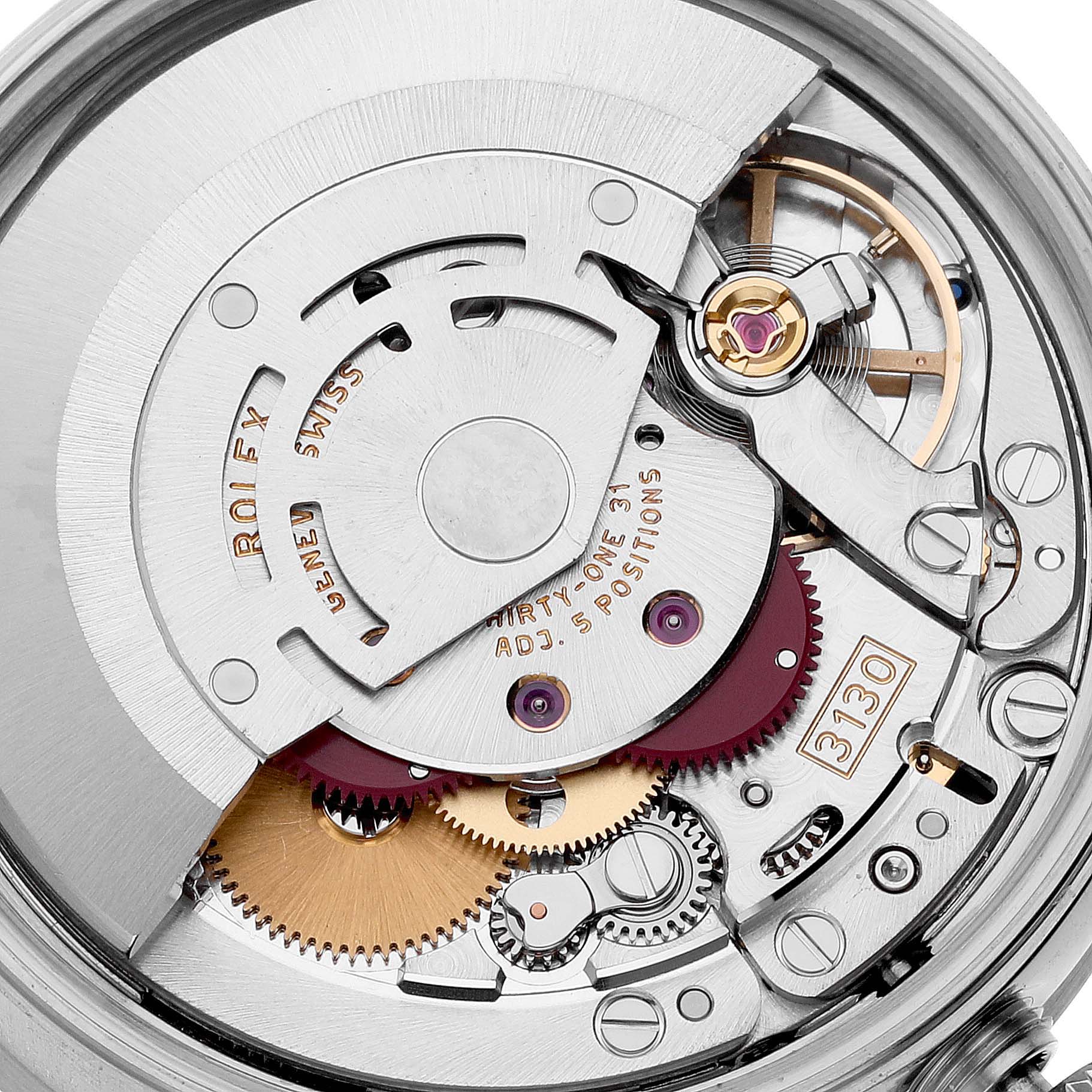 This image shows a close-up view of the Rolex Air-King 14010 Men's Stainless Steel Silver Dial 14010 Men's Stainless Steel Silver Dial's mechanical movement and internal components from the back.