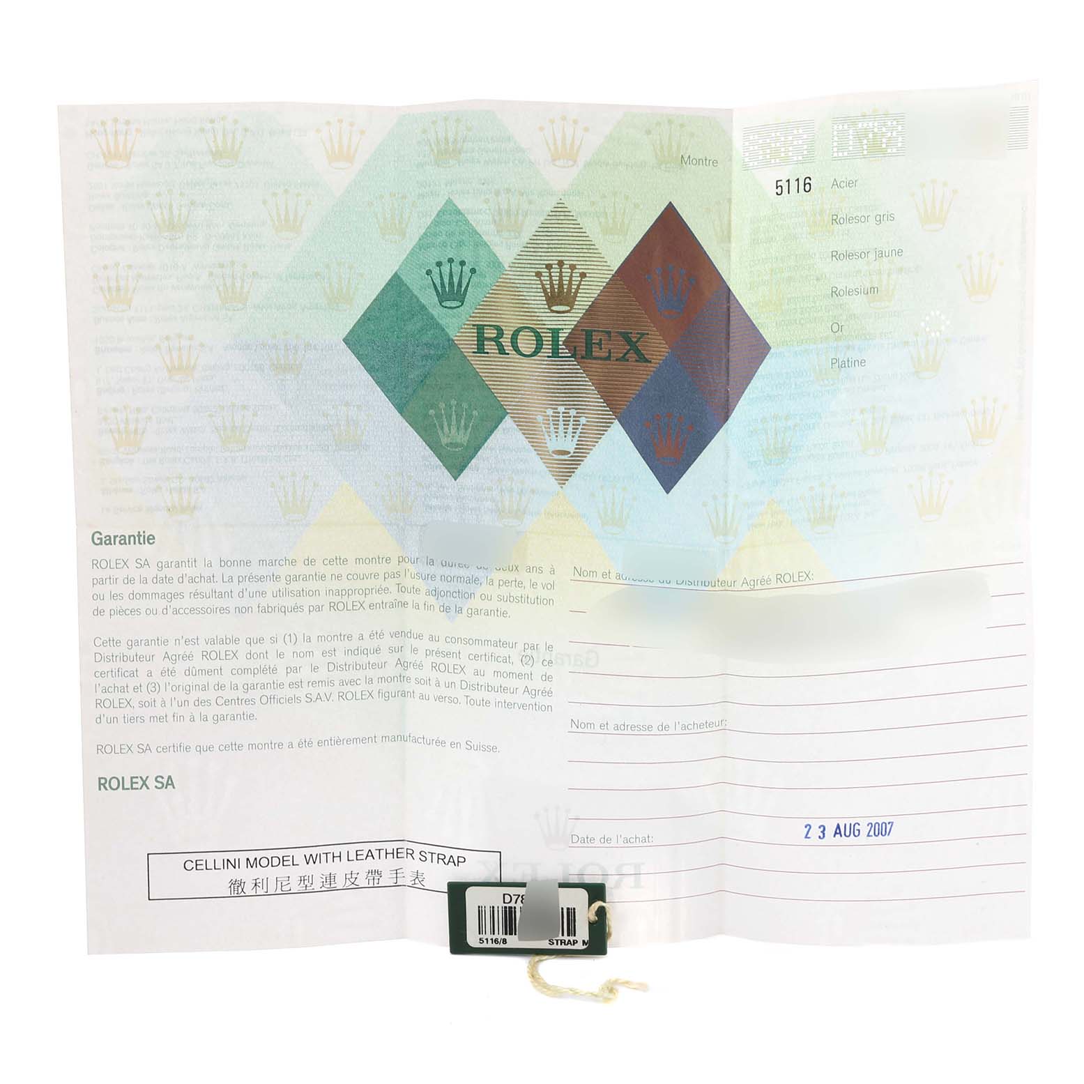 The image shows the warranty booklet and tag for a Rolex Cellini 5116/8 Men's Yellow Gold Silver Dial 5116/8 Men's Yellow Gold Silver Dial model with a leather strap.